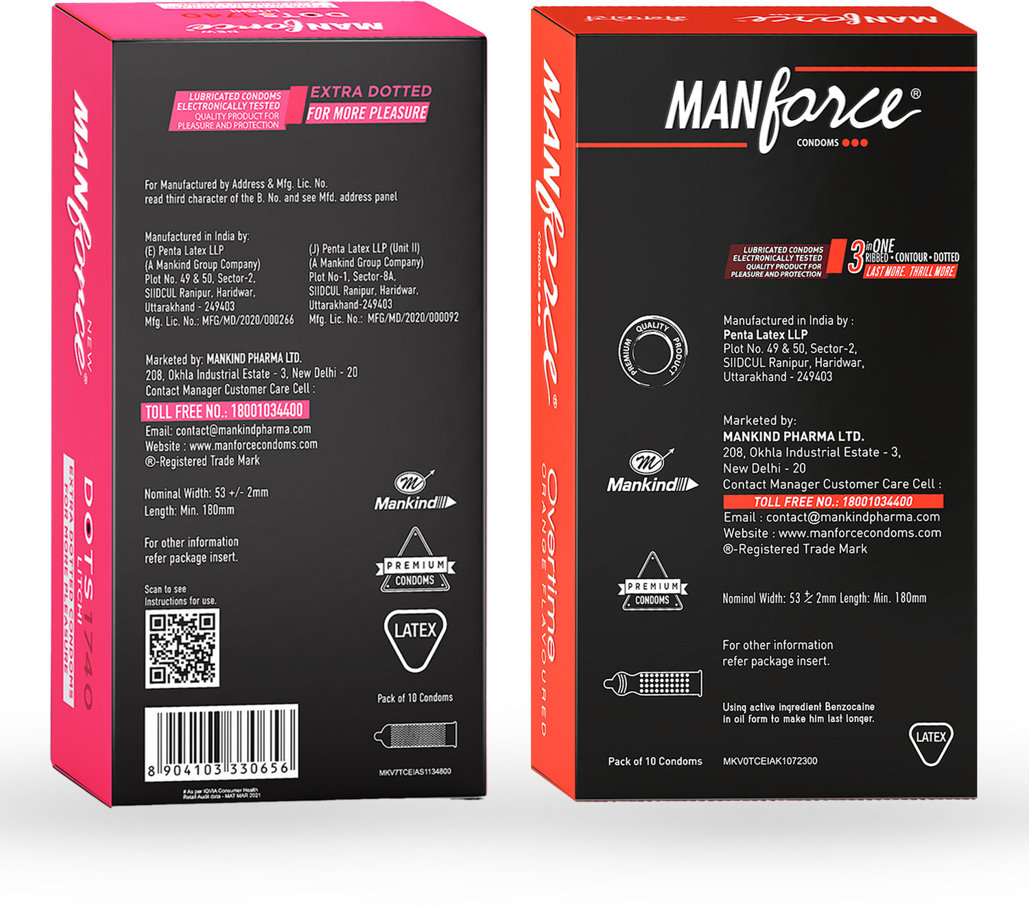 Image of MANFORCE 3in1 (Ribbed,Dotted,Contoured) Overtime Orange and Extra Dotted Litchi Flavoured Condoms - 20 Pieces, (Pack of 2) Condom (Set of 2, 20 Sheets)