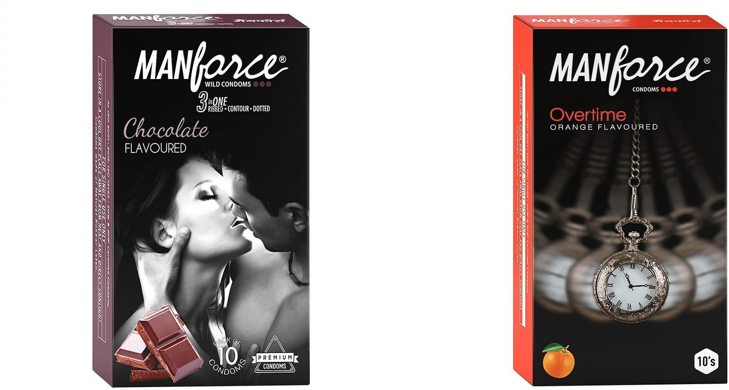 Image of MANFORCE Chocolate flavor condom - 10 Pieces & 3 in 1 Condoms (Ribbed, Contour, Dotted), Overtime Orange Flavoured- 10 Pieces Condom (Set of 2, 20 Sheets)