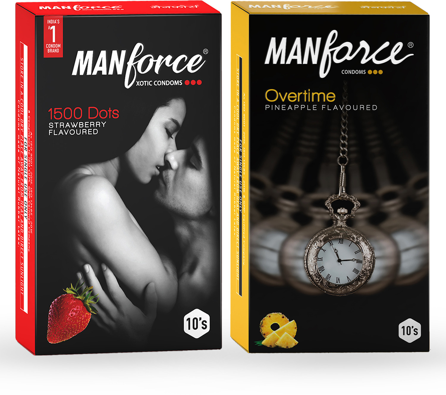Image of MANFORCE 3 in 1 Wild Ribbed Contour Dotted Strawberry Flavor Condoms - 10 Pieces & Overtime Pineapple 3in1 (Ribbed, Contour, Dotted) Condoms - 10 Pieces Condom (Set of 2, 20 Sheets)