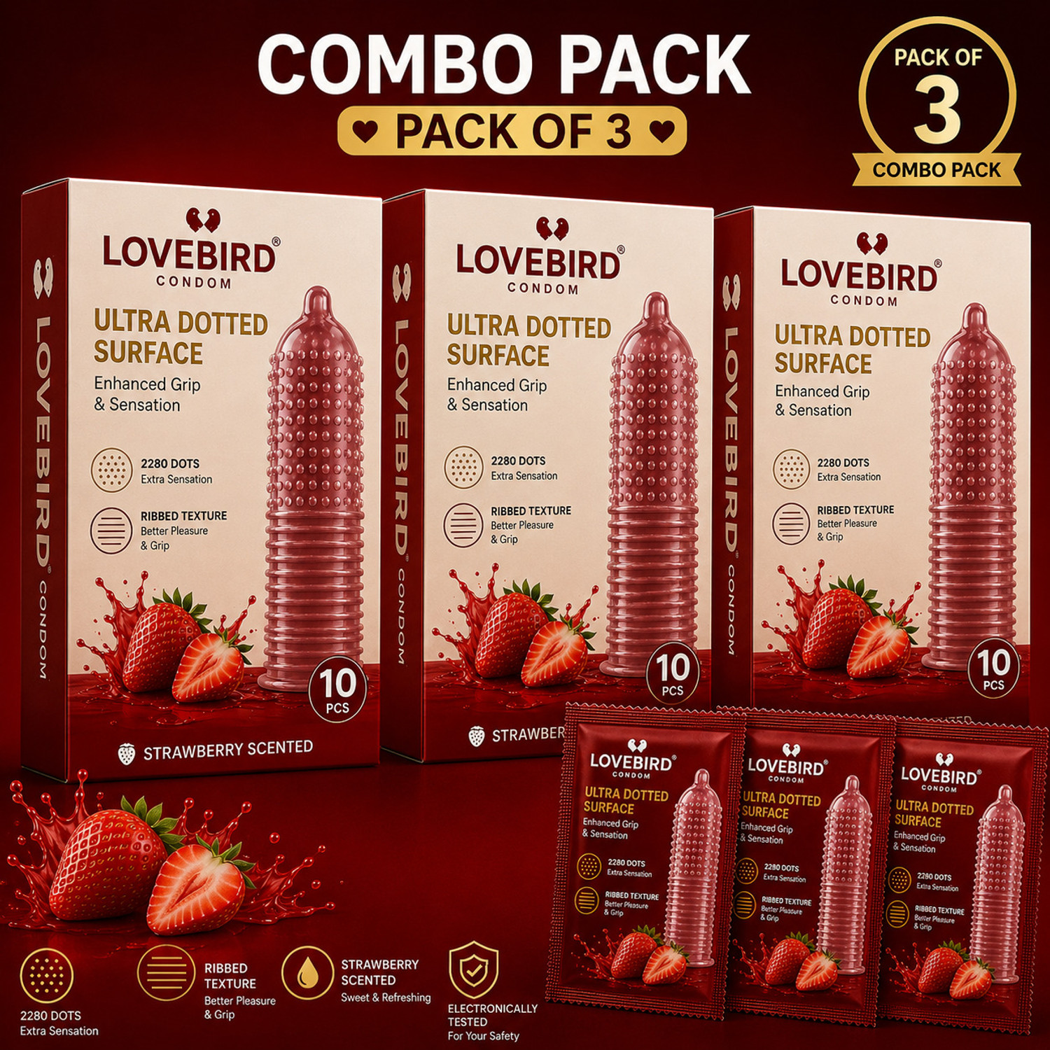 Image of LOVEBIRDCONDOM Ultra Dotted Strawberry Scented Condoms, 2280 Dots, Enhanced Grip & Sensation Condom