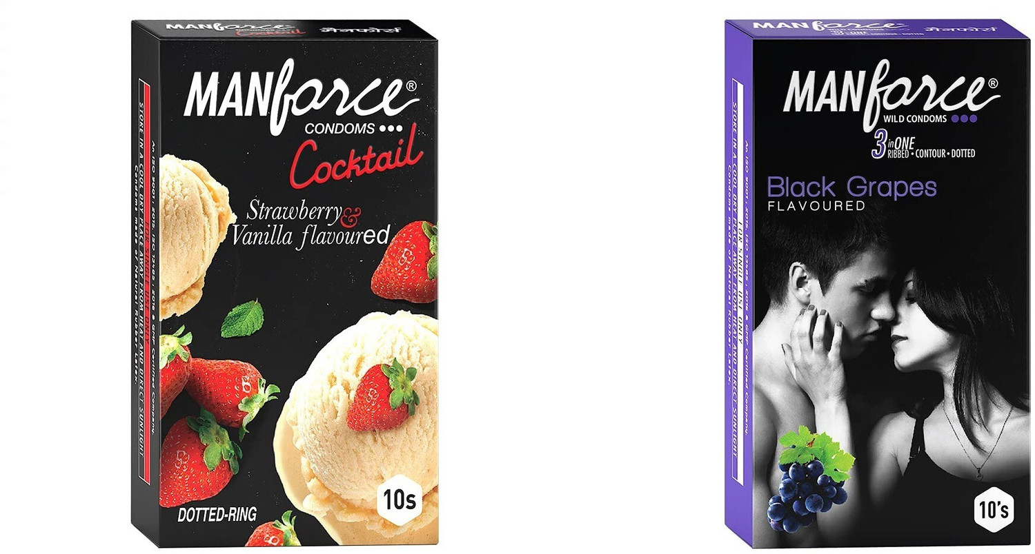 Image of MANFORCE Cocktail Condoms with Dotted-Rings, Strawberry & Vanilla Flavoured- 10 Pieces & 3 in 1 (Ribbed, Contour, Dotted) Wild Black Grapes Flavoured Condoms- 10 Pieces Condom (Set of 2, 20 Sheets)