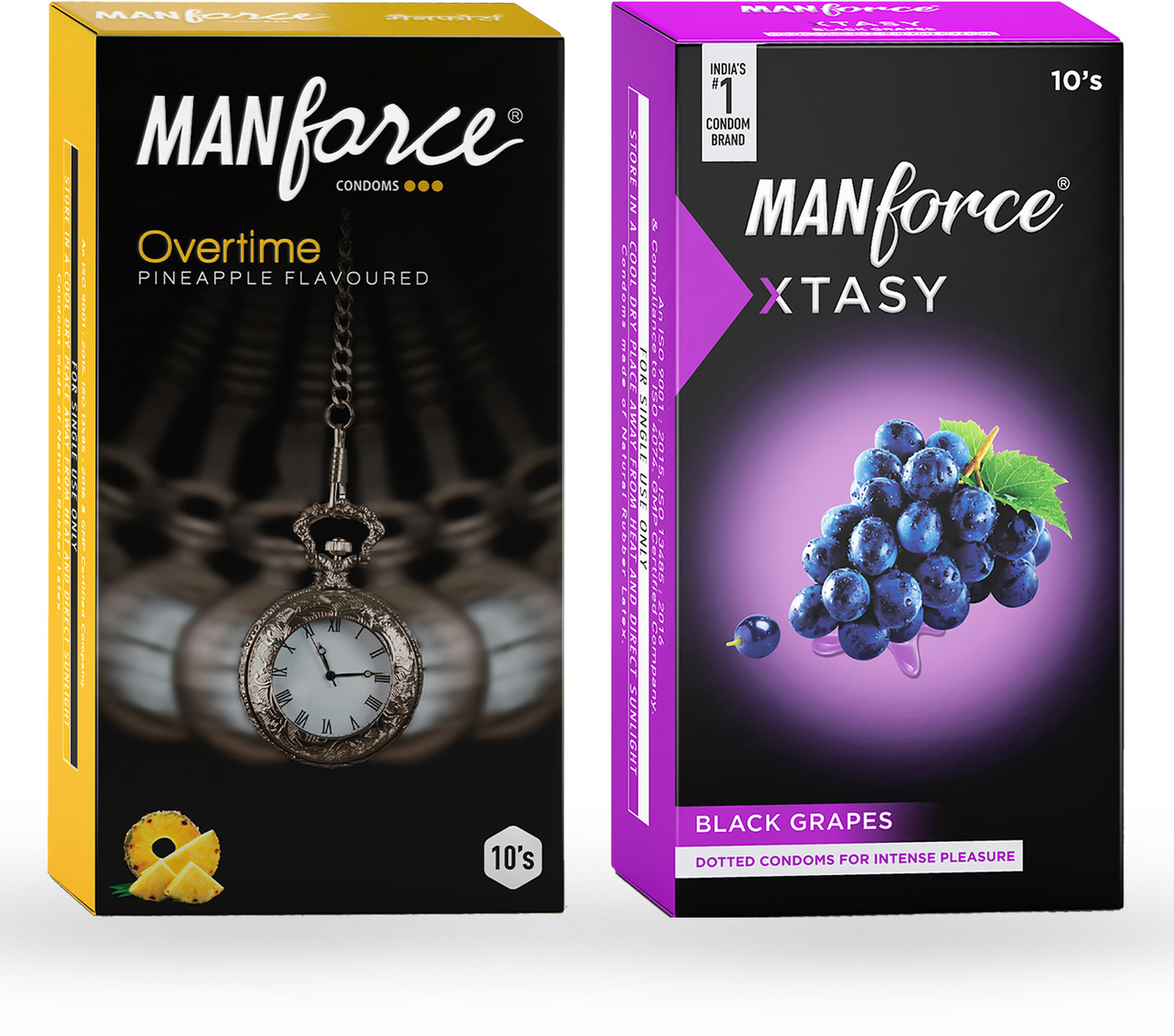 Image of MANFORCE 3 in 1 (Ribbed, Contour, Dotted) Wild Black Grapes Flavoured Condoms- 10 Pieces & Overtime Pineapple 3in1 (Ribbed, Contour, Dotted) Condoms - 10 Pieces Condom (Set of 2, 20 Sheets)