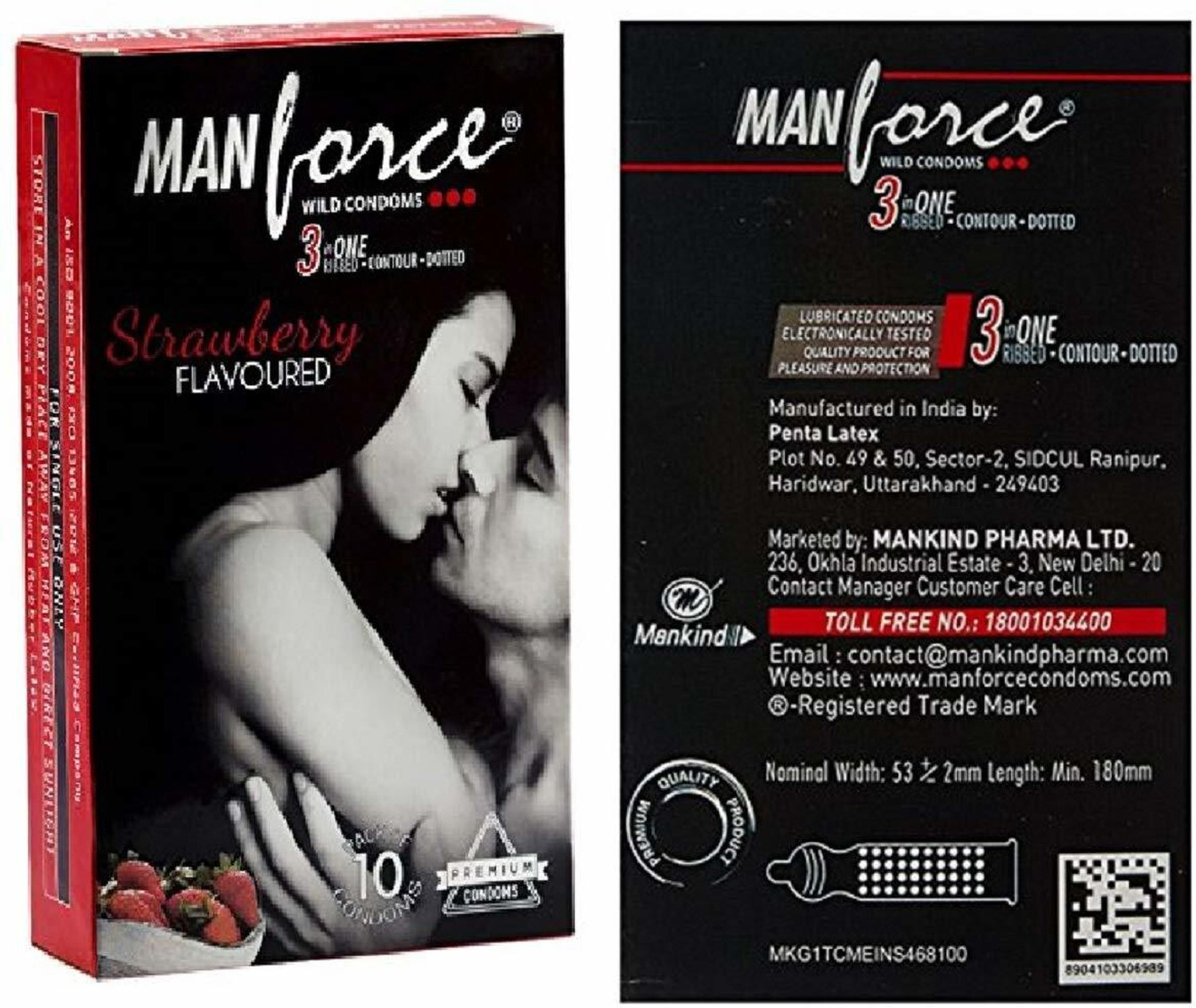 Image of MANFORCE 3 in 1 (Ribbed, Contour, Dotted) Wild Black Grapes Flavoured Condoms- 10 Pieces & 3 in 1 Wild Ribbed Contour Dotted Strawberry Flavor Condoms - 10 Pieces Condom (Set of 2, 20 Sheets)