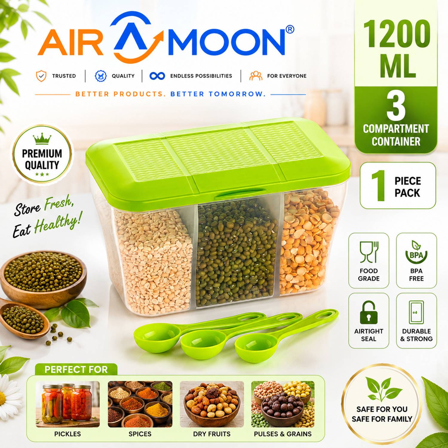 AIROMOON Plastic Grocery Container - 1100 ml