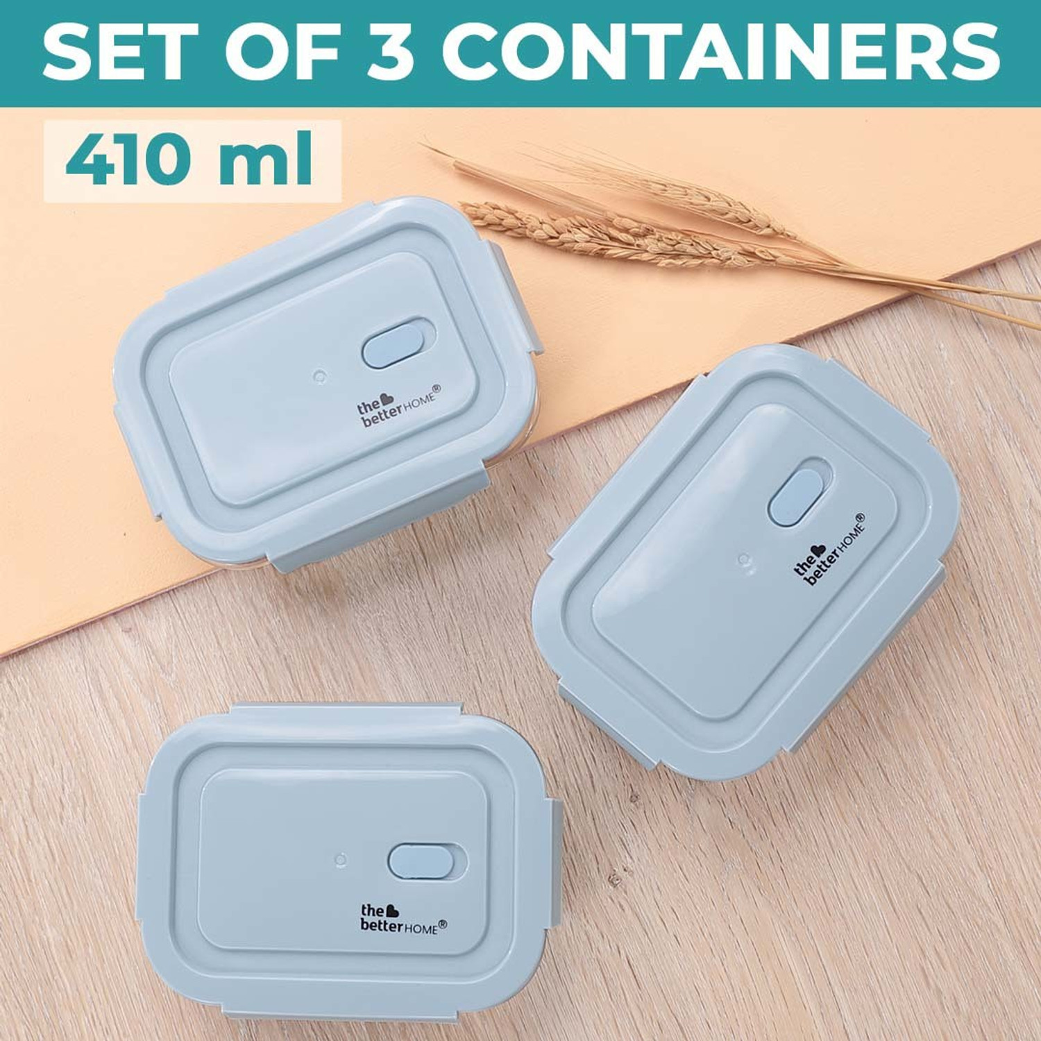 Image of The Better Home Borosilicate Tiffin Boxes Pack of 3-Blue|Airtight Microwave Safe Tiffin Box 3 Containers Glass Office Lunch Box