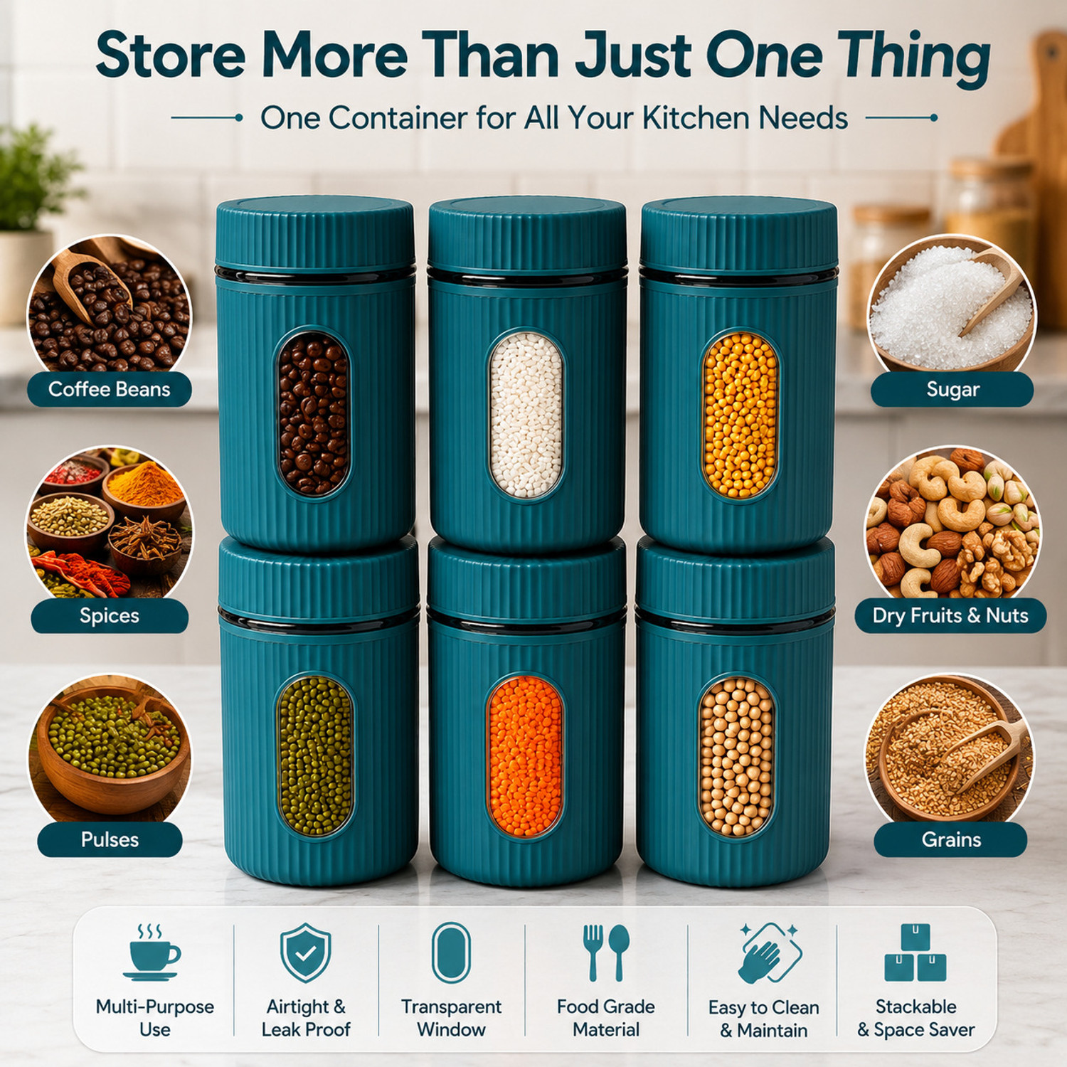 Image of GAJANAND1 Plastic Grocery Container - 750 ml (Pack of 6, Light Blue)