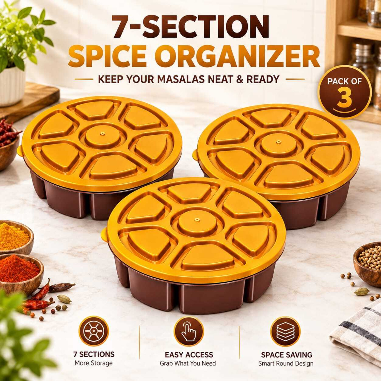 Image of EcomZynex Plastic Utility Container - 1000 ml (Pack of 3, Brown, Yellow)