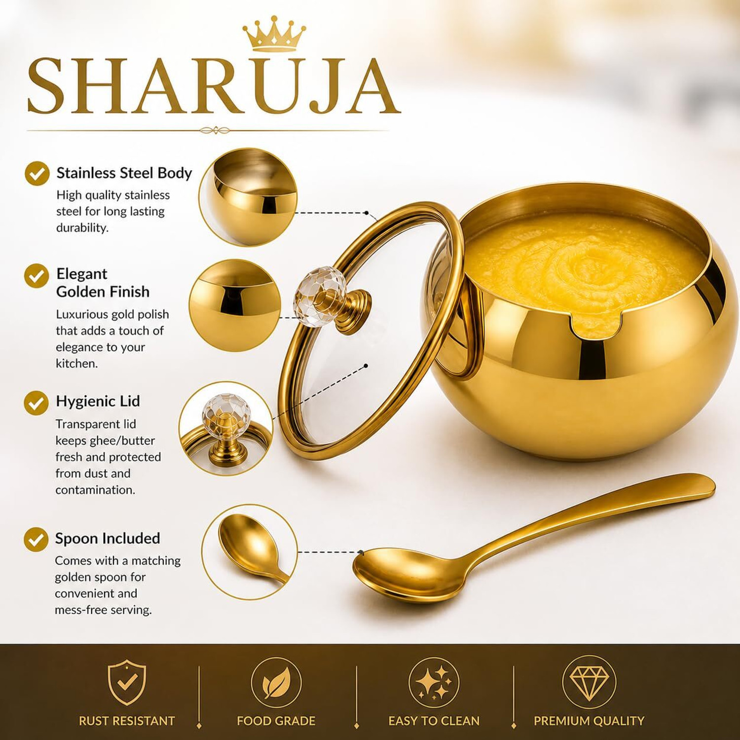 Image of SHARUJA Stainless Steel Fridge Container - 400 ml (Gold)