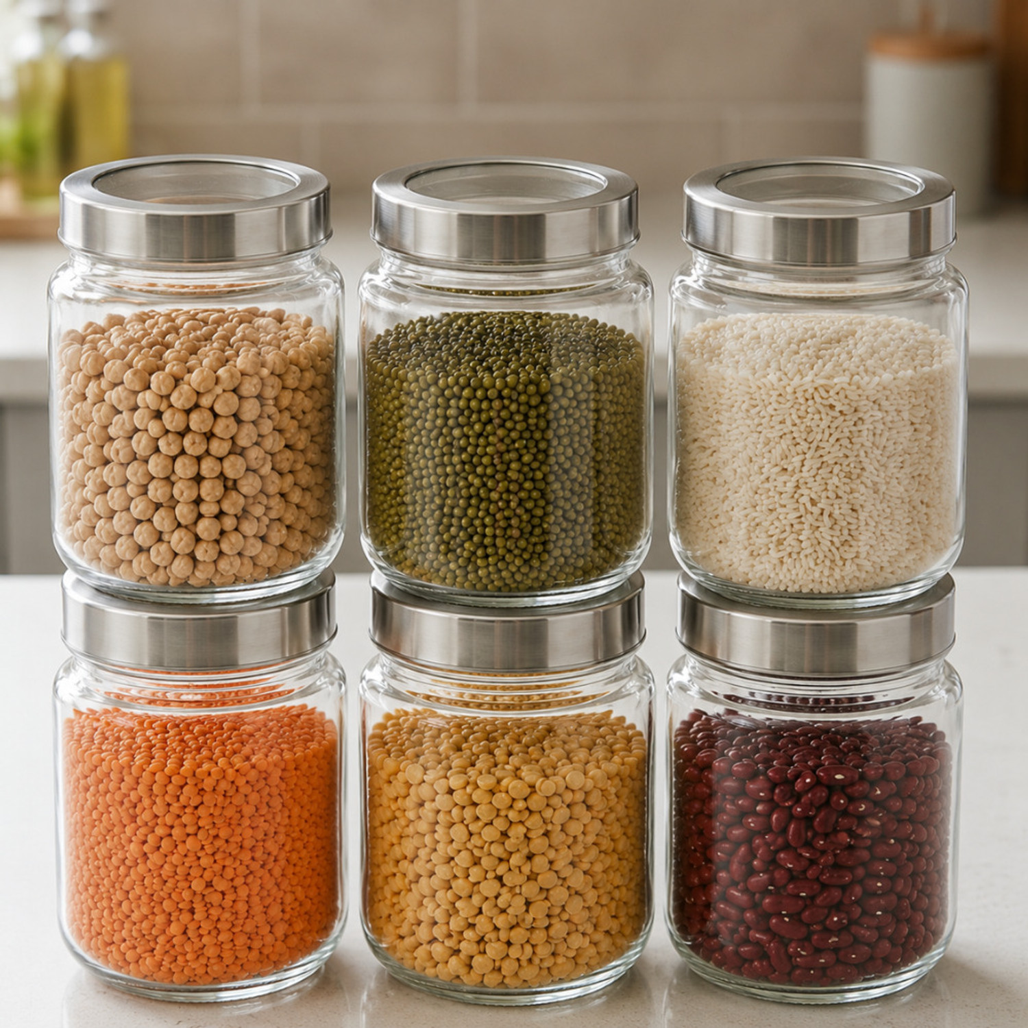 Image of Glassbunny Glass Grocery Container - 1 kg (Pack of 6, Clear, Silver)