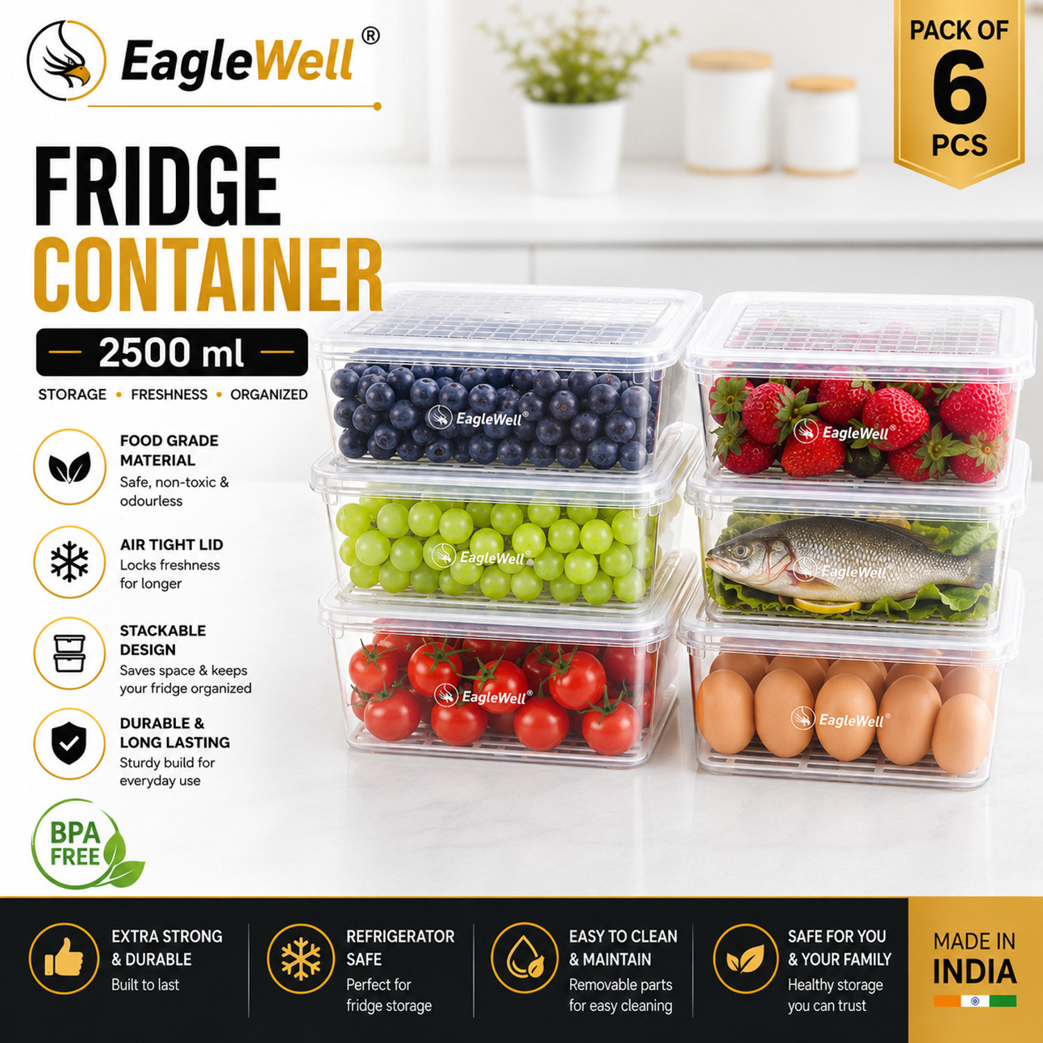 Image of EagleWell Plastic Fridge Container - 2500 ml