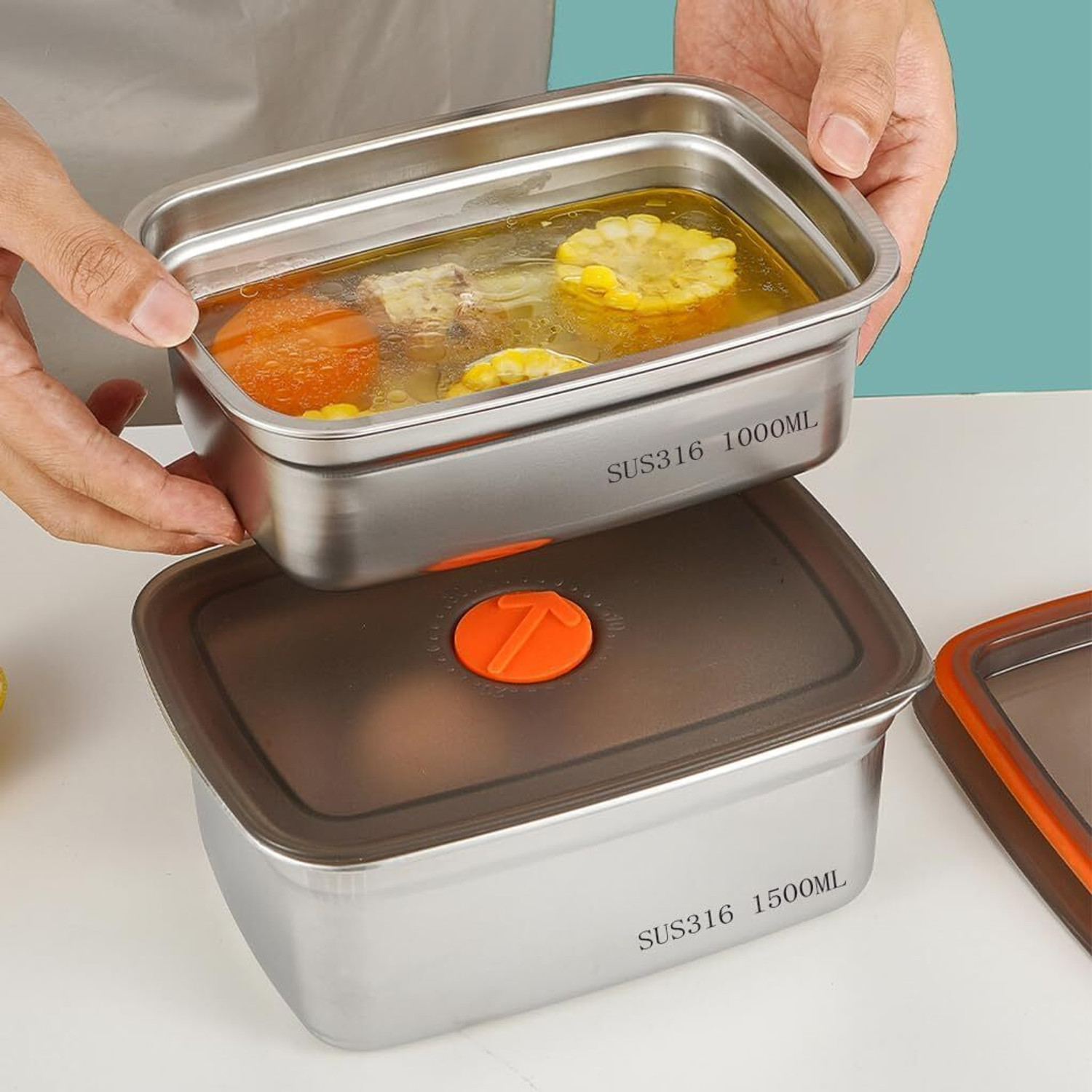 Image of TATSAM Food Storage Containers with Airtight Leakproof Lids, 1200ml & 1500ml 2 Containers Stainless Steel School Lunch Box