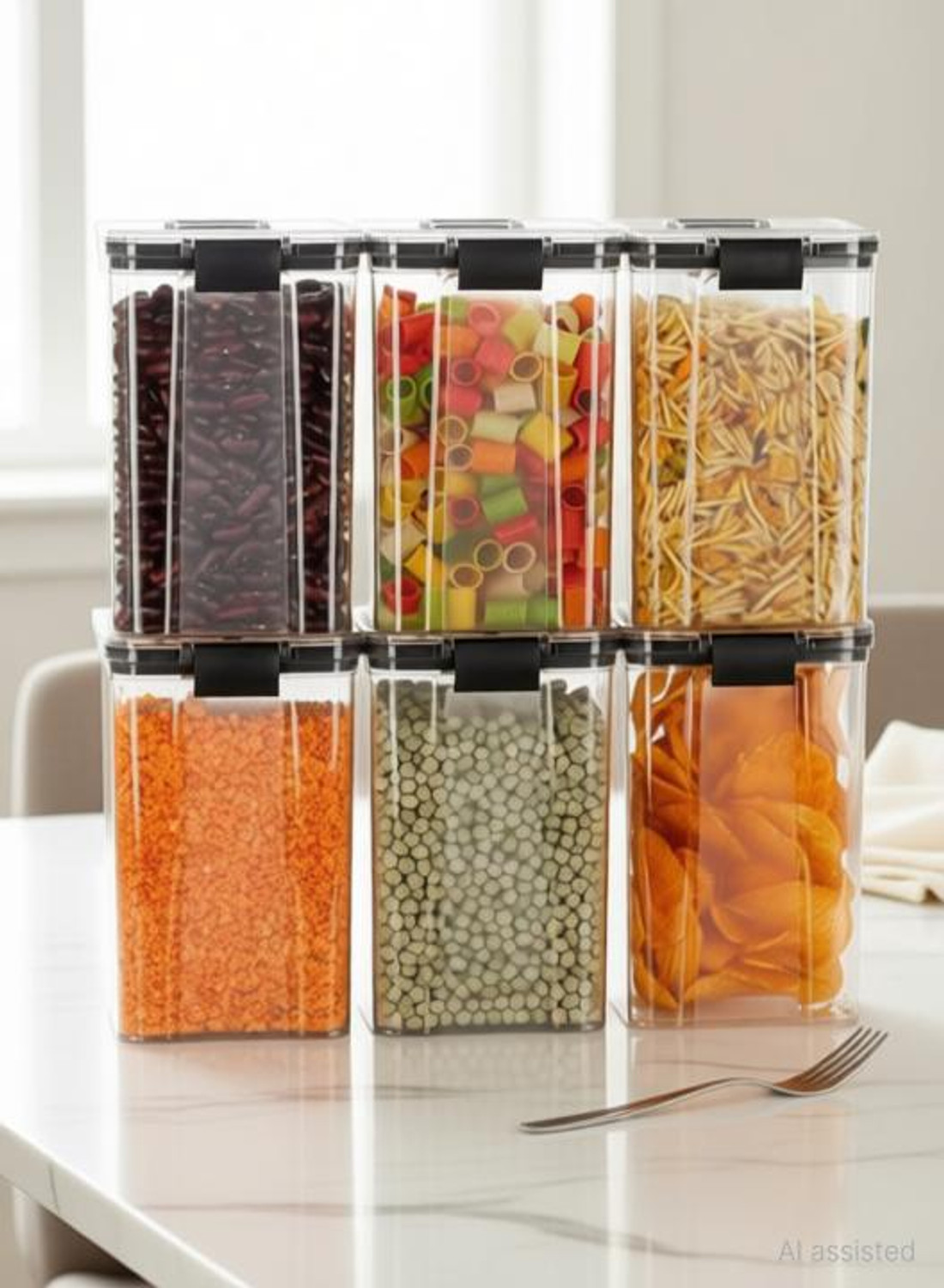 Image of KRESTA Plastic Grocery Container - 1200 ml (Pack of 6, Black)
