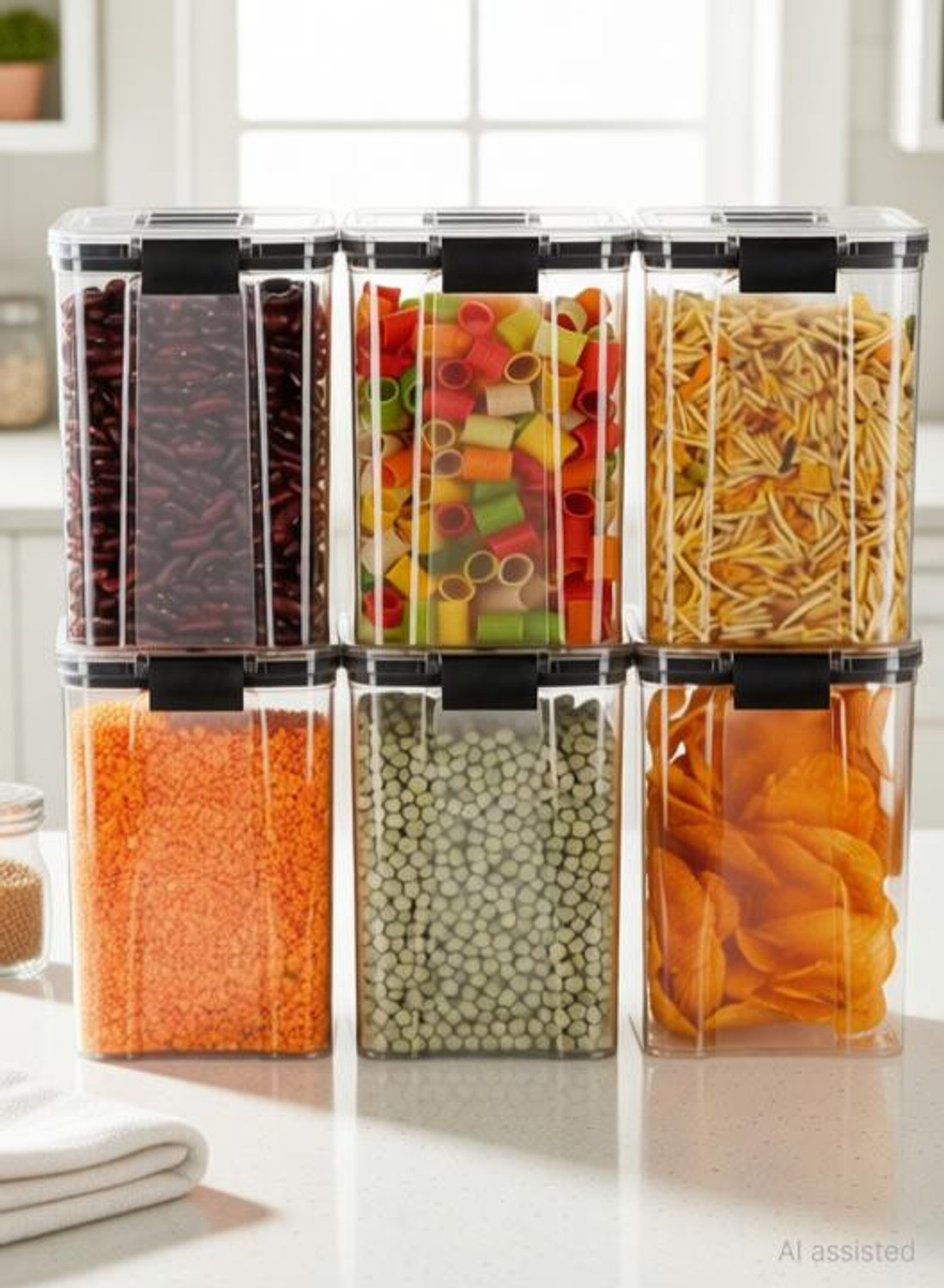 Image of KRESTA Plastic Grocery Container - 1200 ml (Pack of 6, Black)