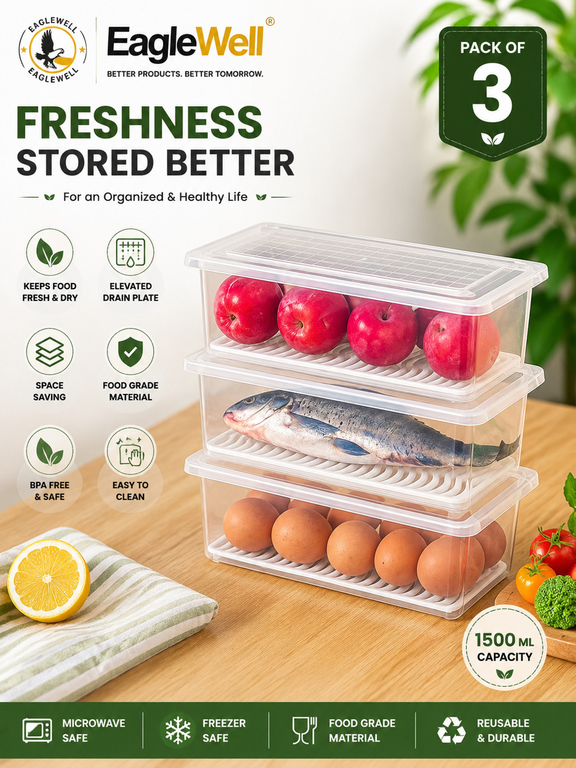 Image of EagleWell Plastic Fridge Container - 1500 ml