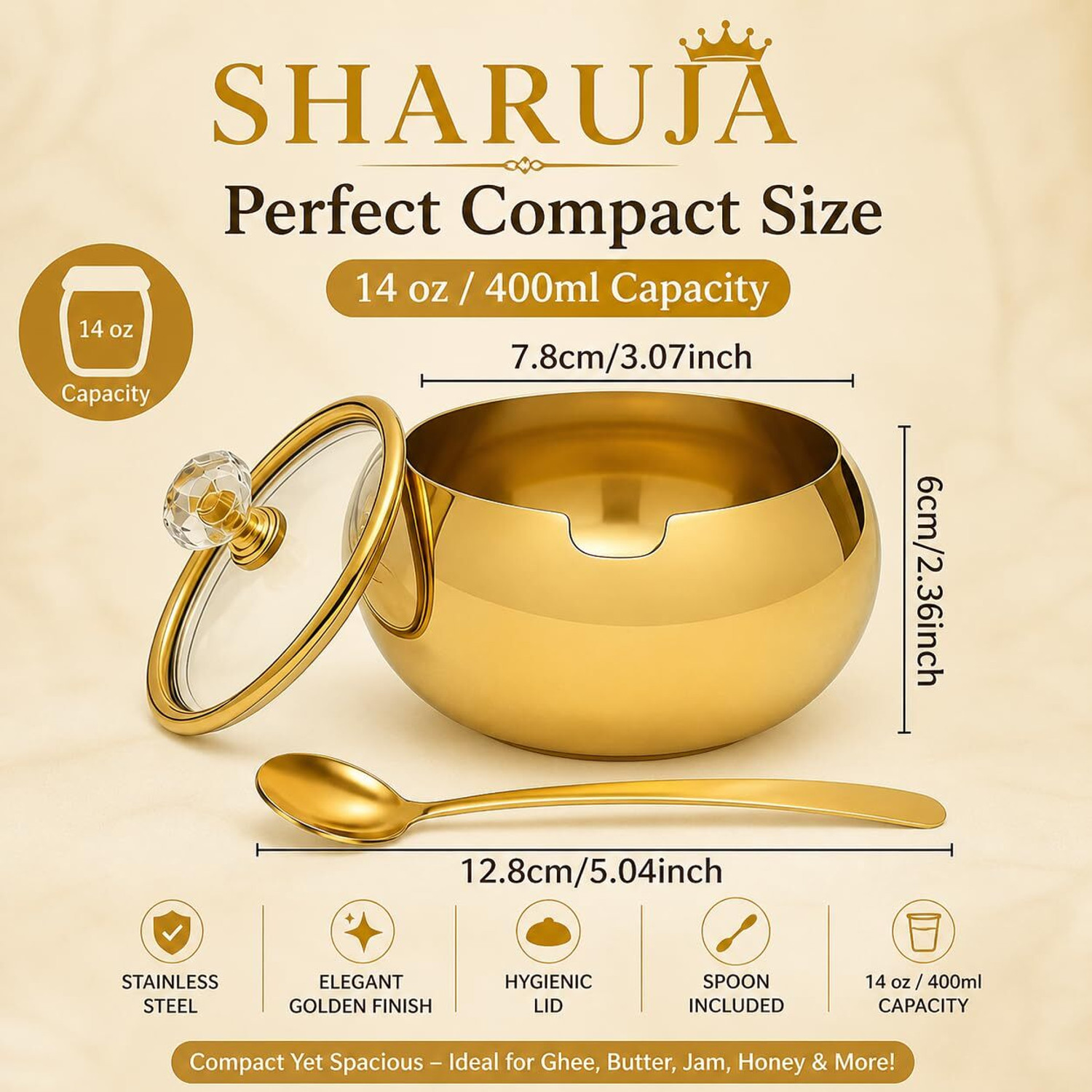 Image of SHARUJA Stainless Steel Fridge Container - 400 ml (Gold)