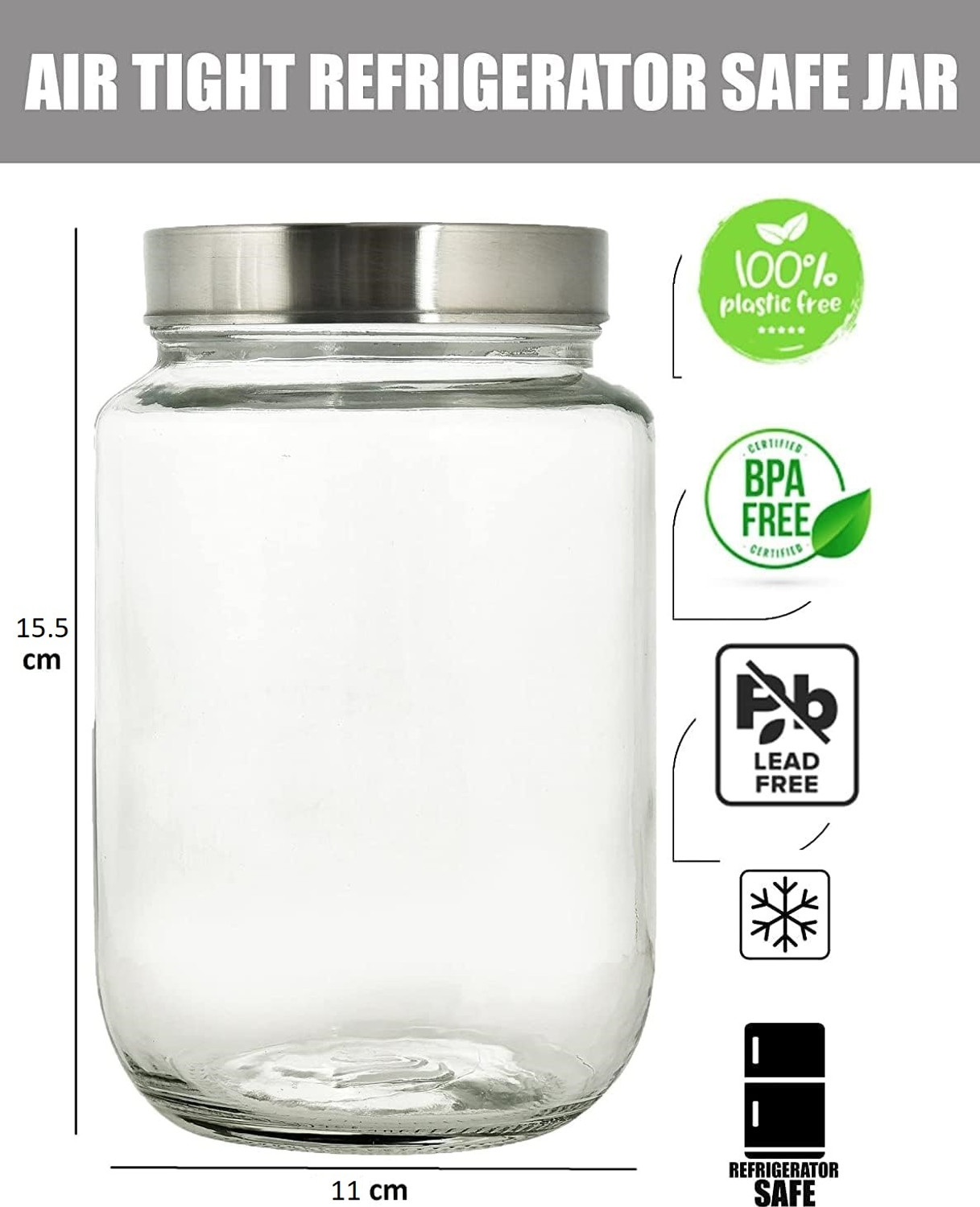 Image of Glassbunny Glass Grocery Container - 1 kg (Pack of 6, Clear, Silver)
