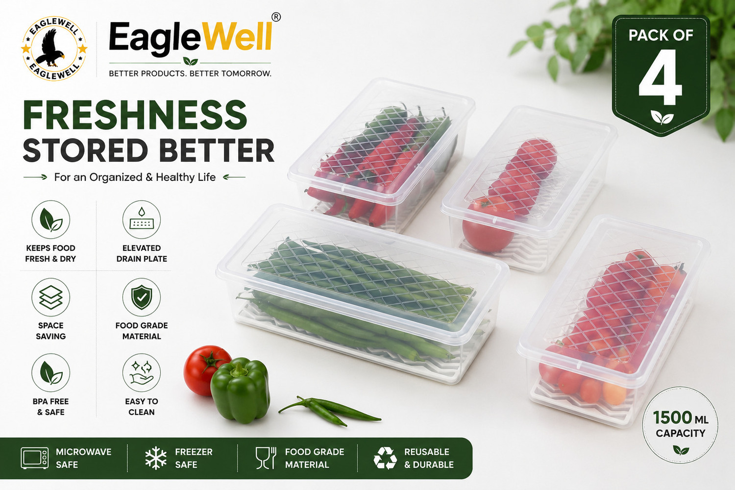 Image of EagleWell Plastic Fridge Container - 1500 ml