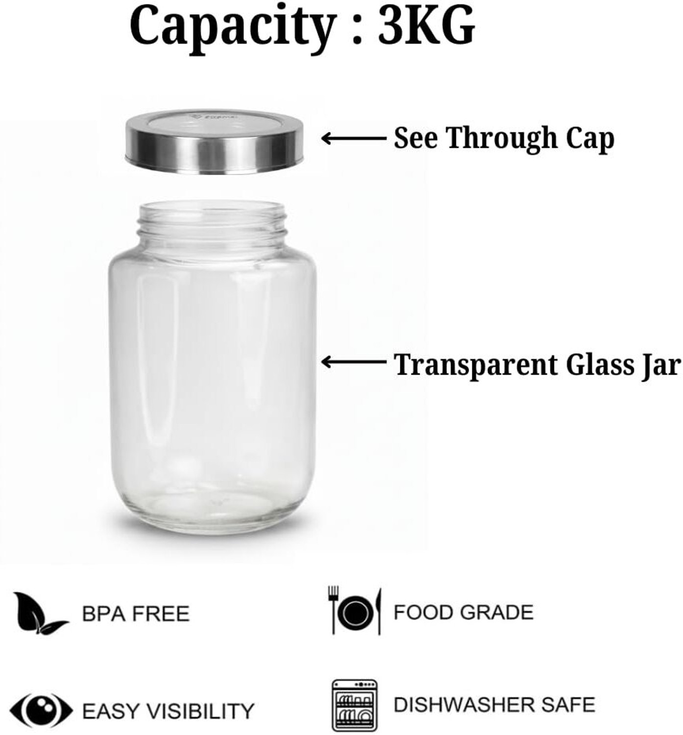 Image of b7 CREATIONS Glass Grocery Container - 3000 ml (Pack of 2, Silver)