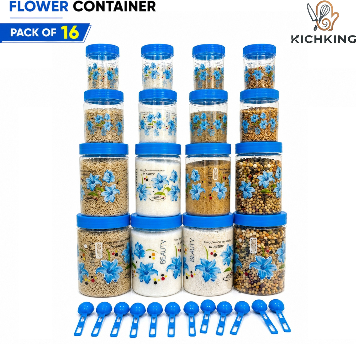 Image of KICHKING Plastic Grocery Container - 250 ml, 350 ml, 650 ml, 1200 ml (Pack of 16, Blue)