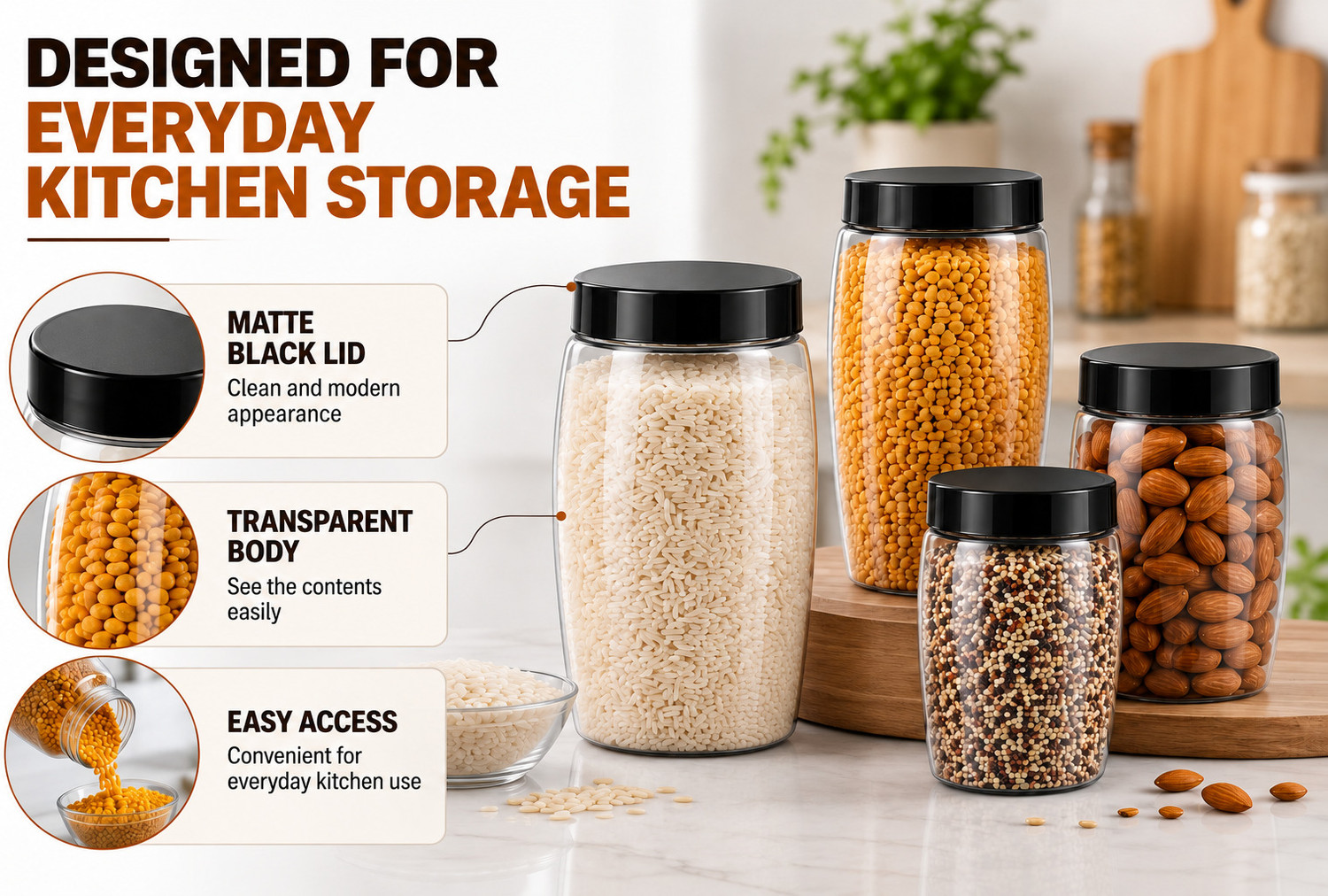 Image of NARIYA Plastic Grocery Container - 1200 ml, 650 ml, 350 ml, 125 ml