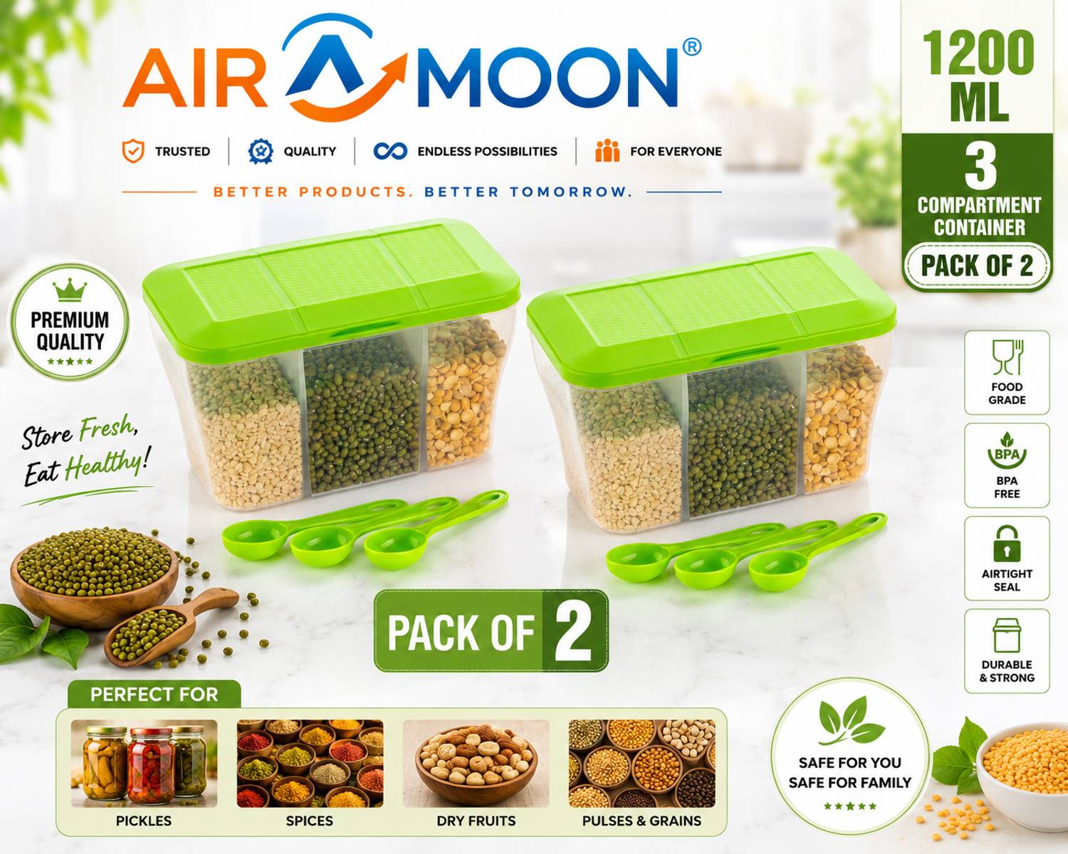 AIROMOON Plastic Grocery Container  - 1100 ml