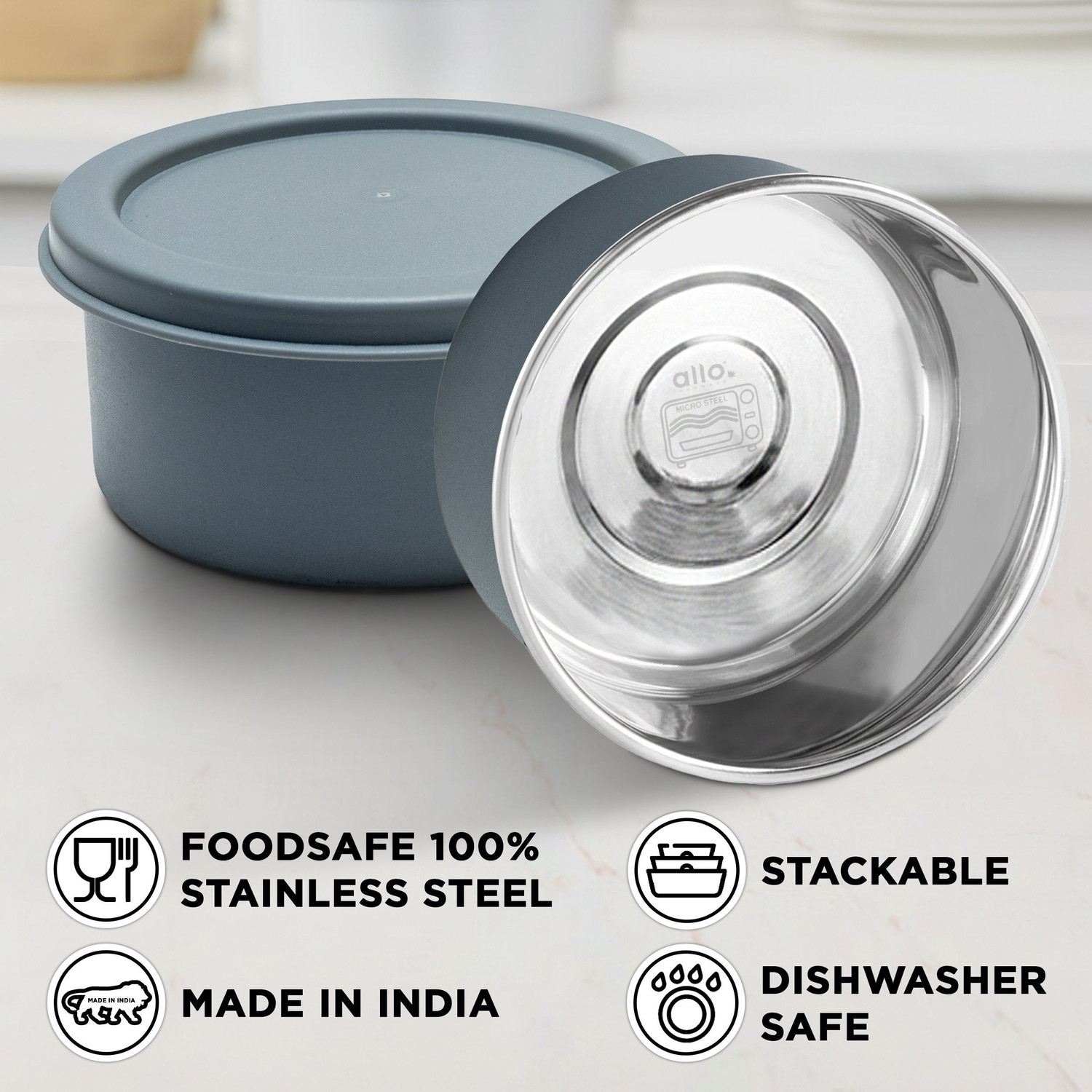 Image of Allo Stainless Steel Lunch Box for Office with Bag, Microwave Safe AirTight, Set of 3 3 Containers Stainless Steel College Lunch Box