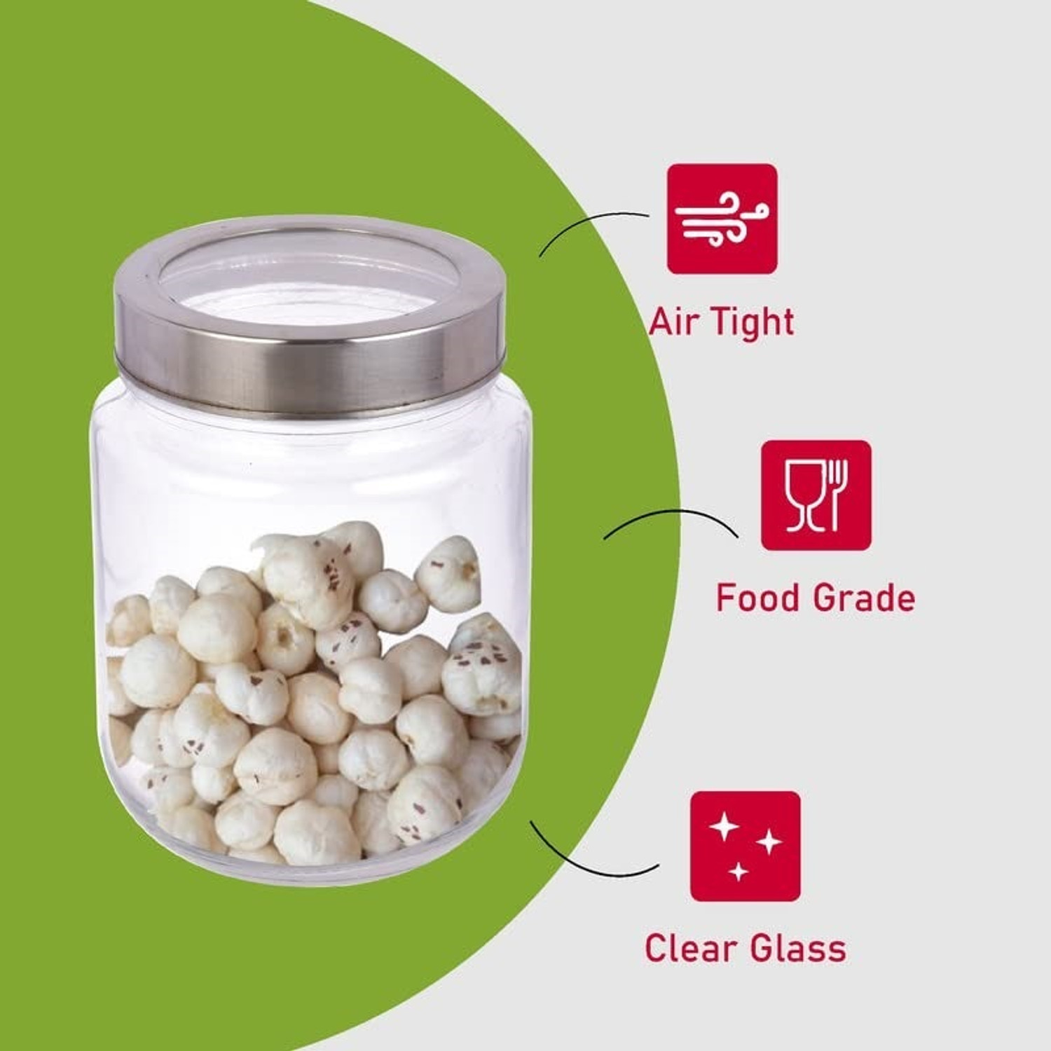 Image of Glassbunny Glass Grocery Container - 1 kg (Pack of 6, Clear, Silver)