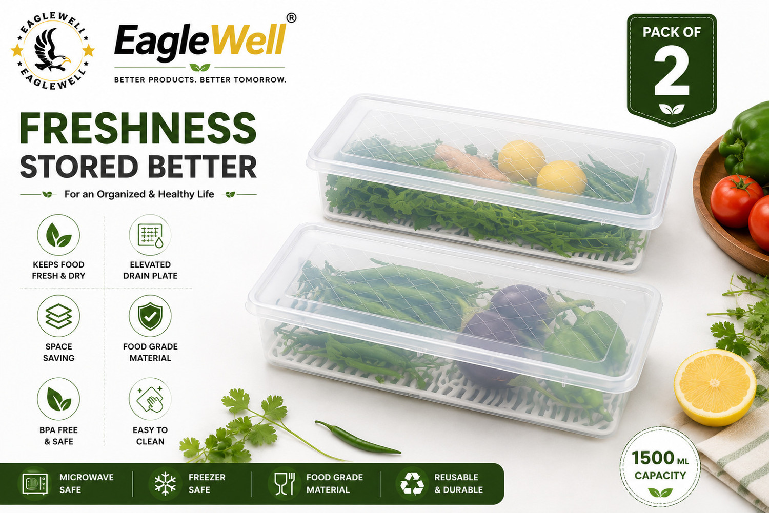 Image of EagleWell Plastic Fridge Container - 1500 ml