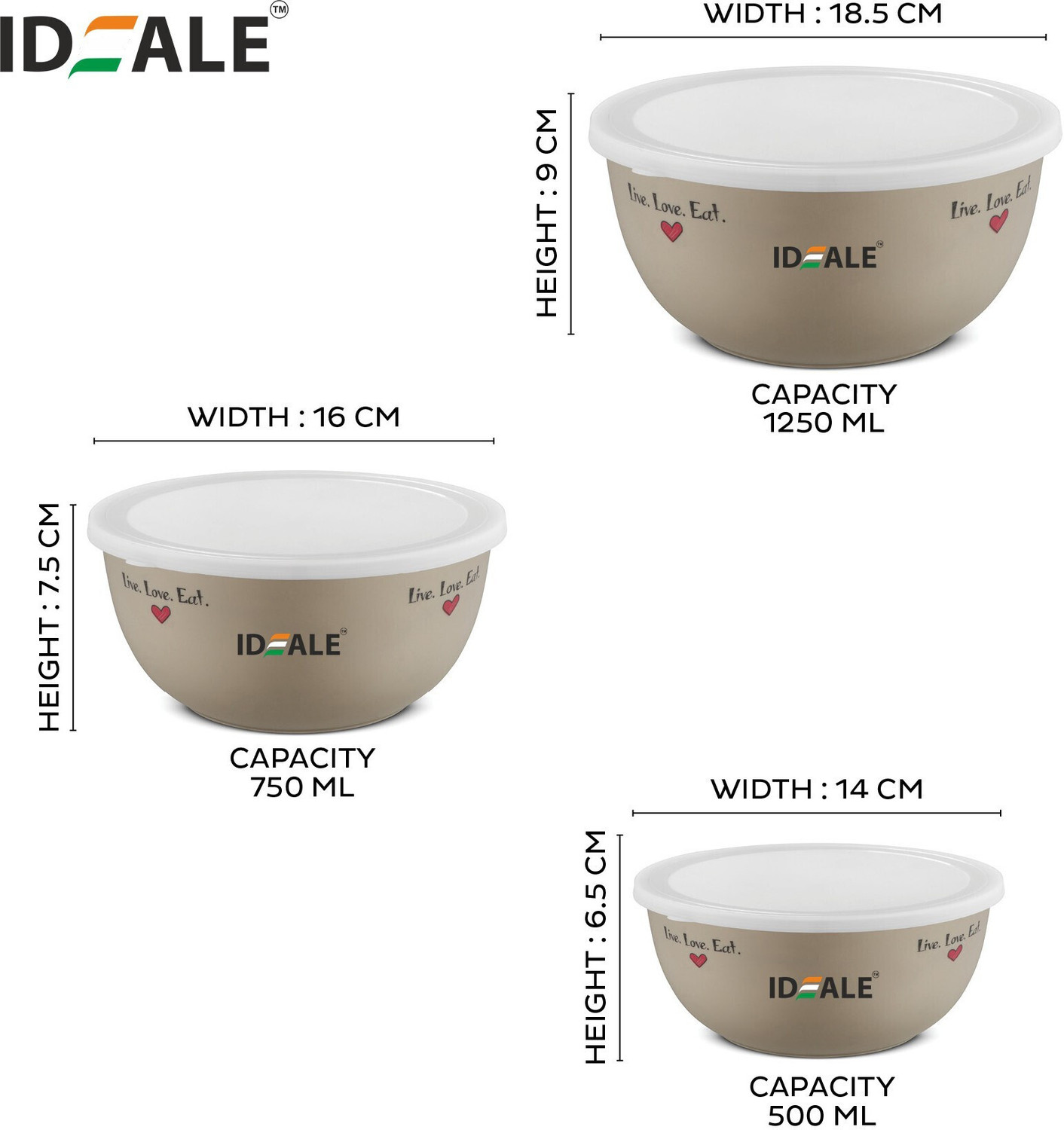 Image of Ideale Steel Fridge Container - 500 ml, 1250 ml, 750 ml