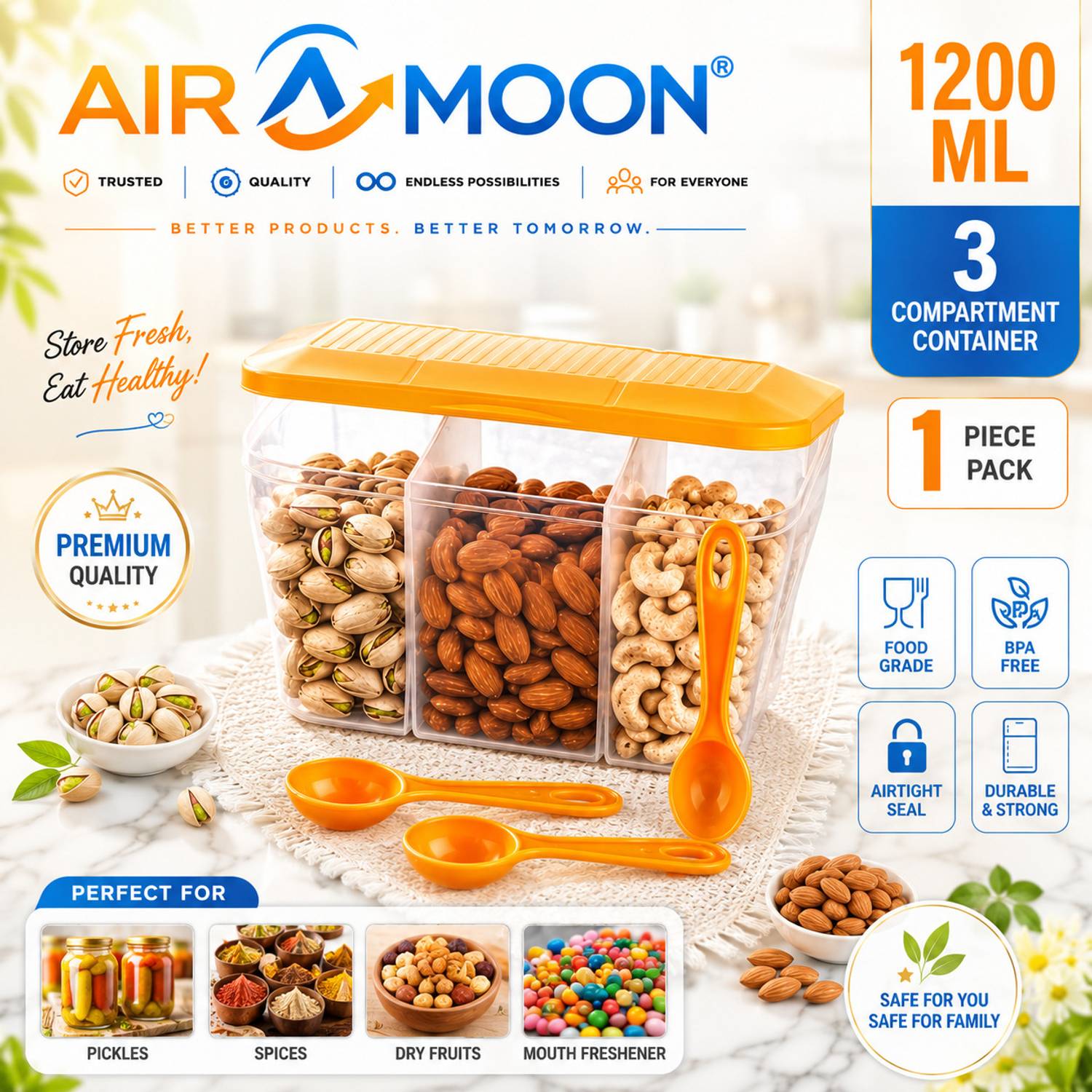 AIROMOON Plastic Grocery Container - 1100 ml