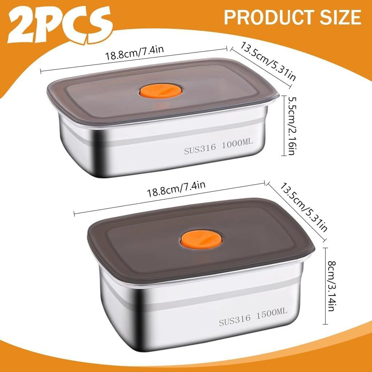 Image of TATSAM Food Storage Containers with Airtight Leakproof Lids, 1200ml & 1500ml 2 Containers Stainless Steel School Lunch Box