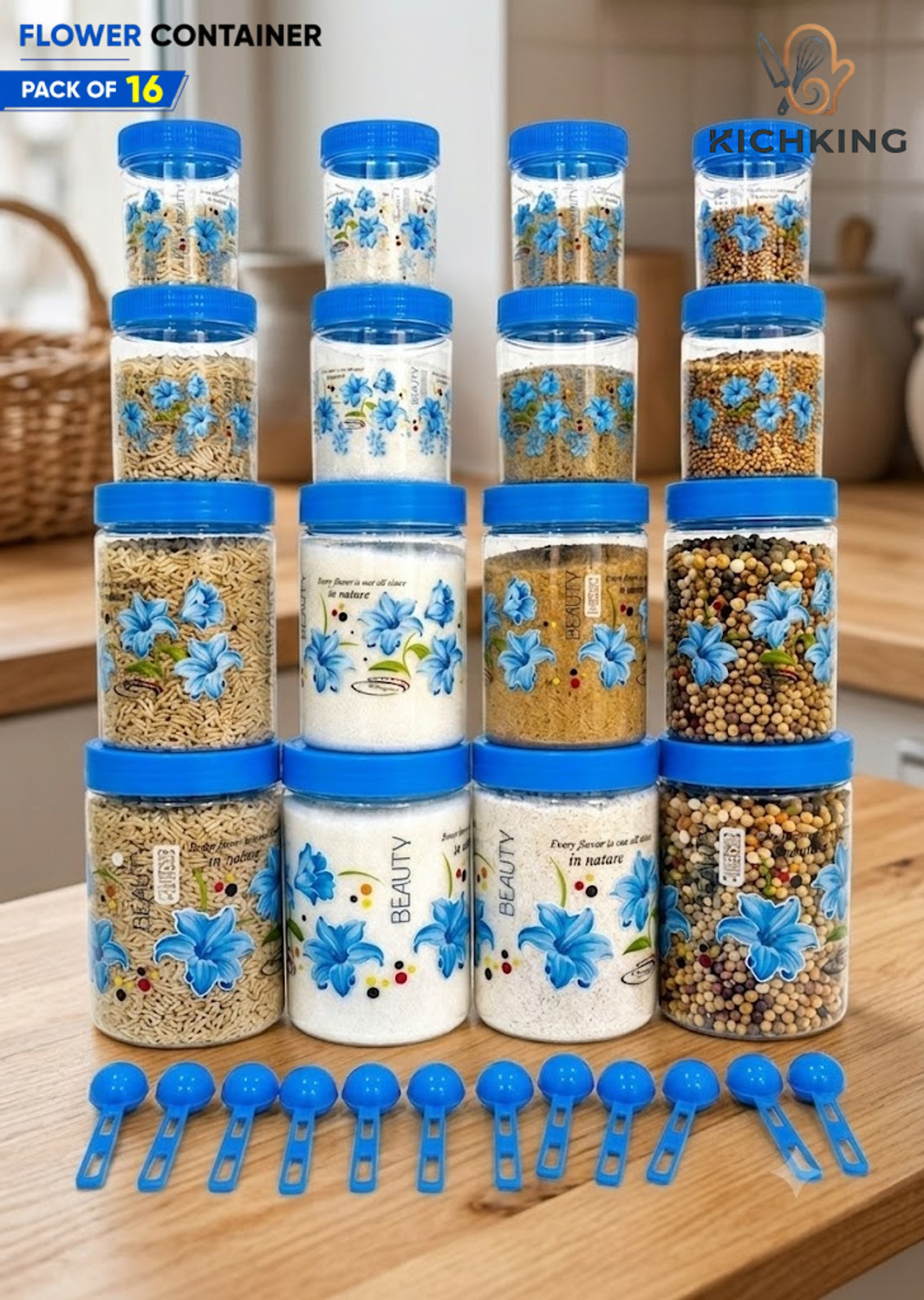 Image of KICHKING Plastic Grocery Container - 250 ml, 350 ml, 650 ml, 1200 ml (Pack of 16, Blue)
