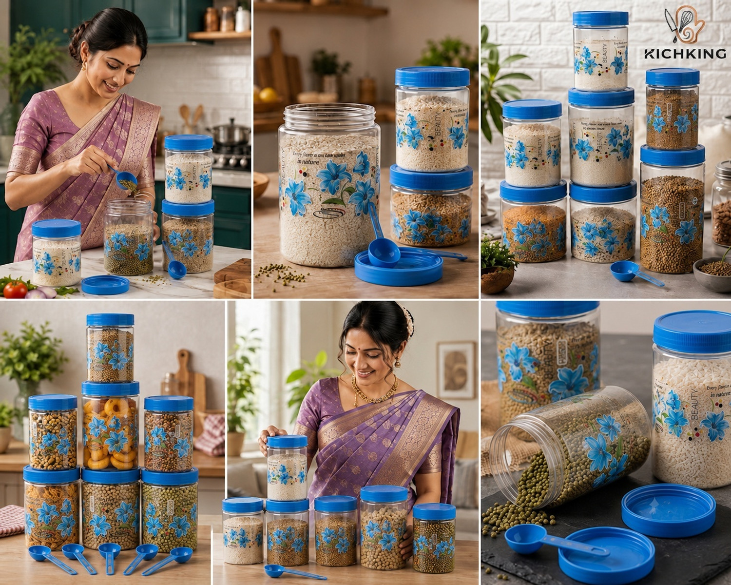 Image of KICHKING Plastic Grocery Container - 250 ml, 350 ml, 650 ml, 1200 ml (Pack of 16, Blue)