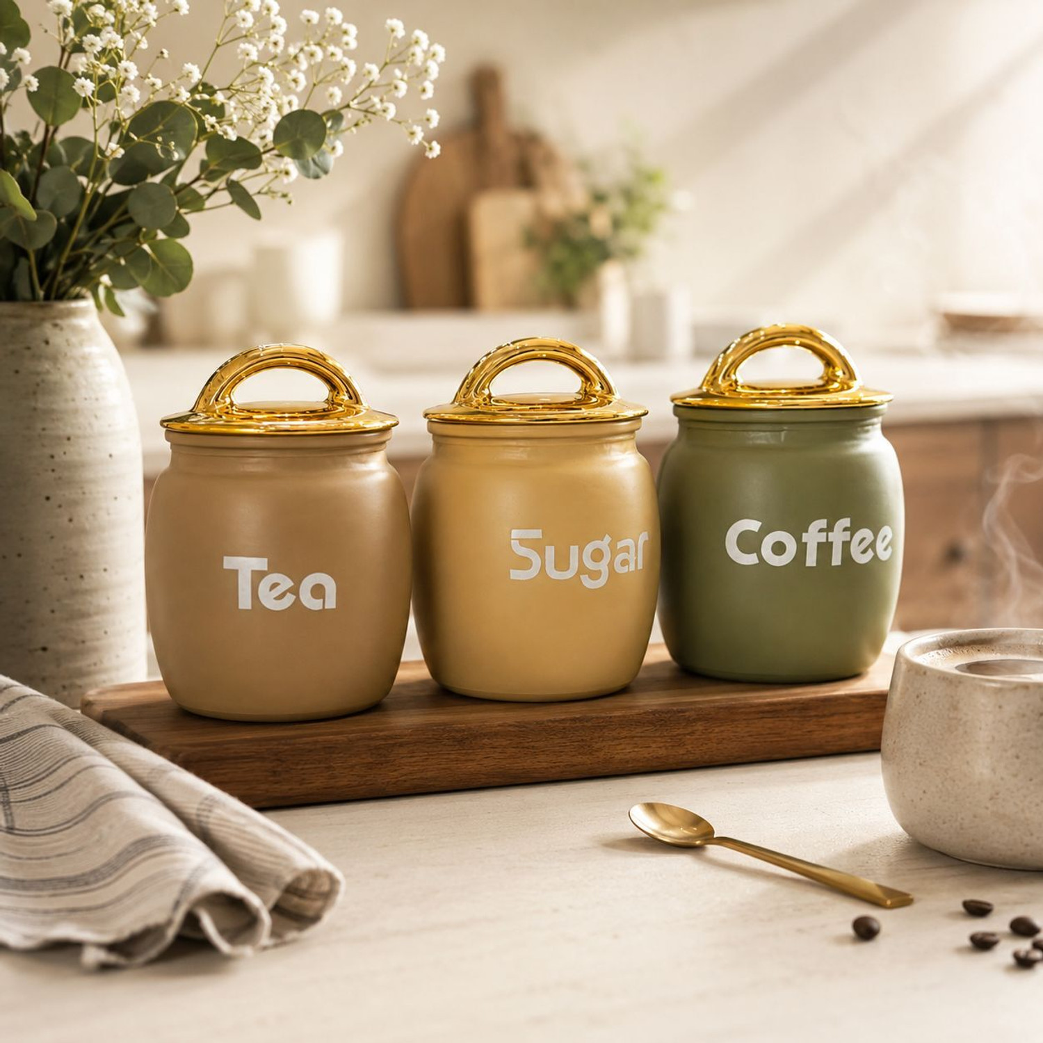 Image of Richcraft Glass Tea Coffee & Sugar Container - 500 ml (Pack of 3, Beige, Gold, Green)