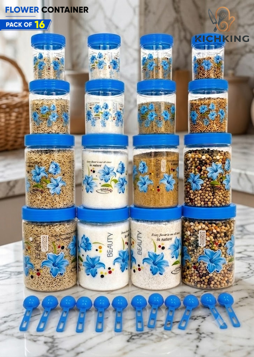 Image of KICHKING Plastic Grocery Container - 250 ml, 350 ml, 650 ml, 1200 ml (Pack of 16, Blue)