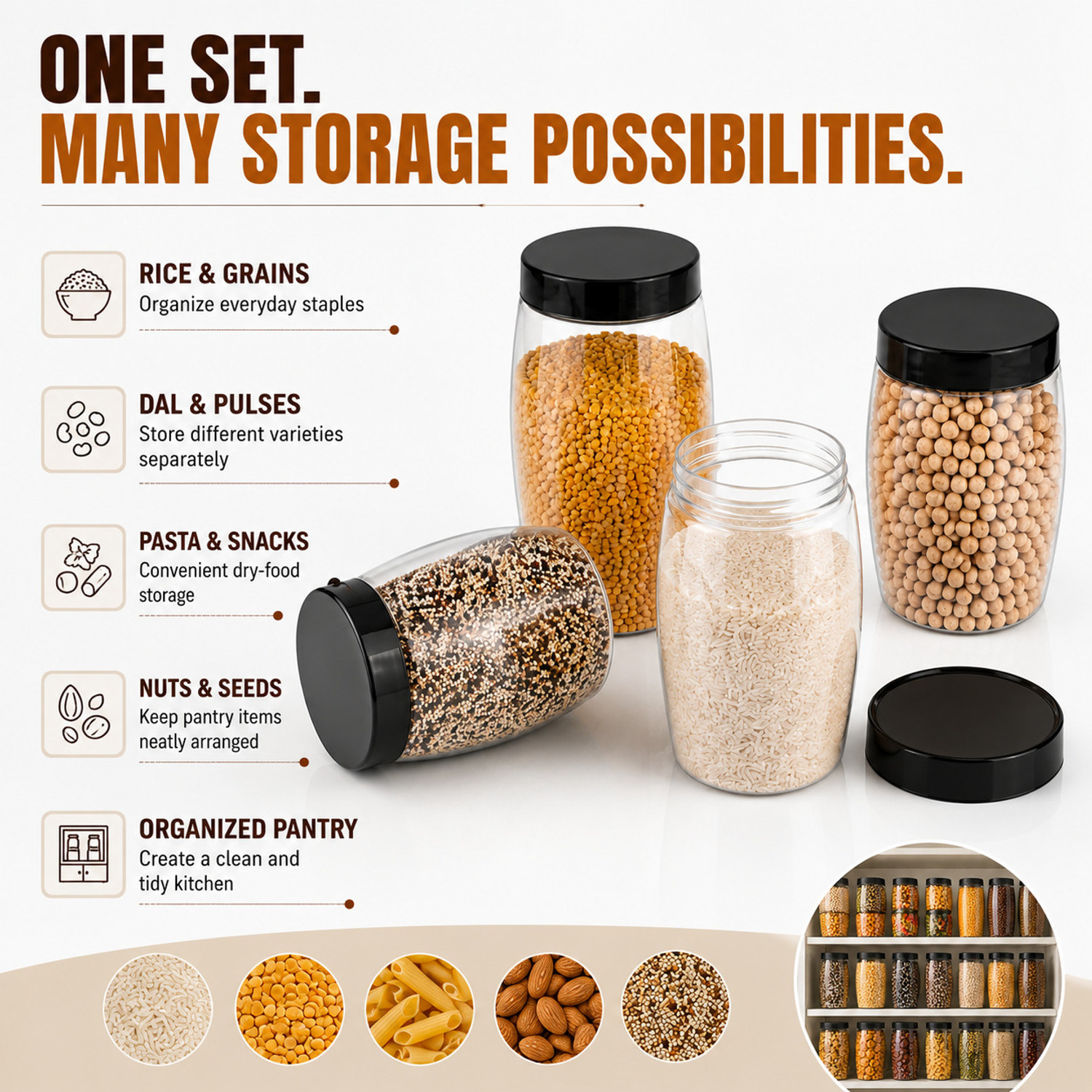 Image of NARIYA Plastic Grocery Container - 1200 ml, 650 ml, 350 ml, 125 ml