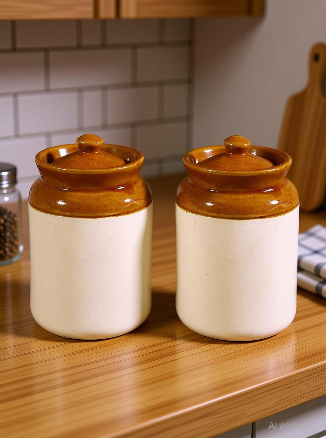 Image of CPV CRAFTS Ceramic Pickle Jar - 1000 ml (Pack of 2, White)
