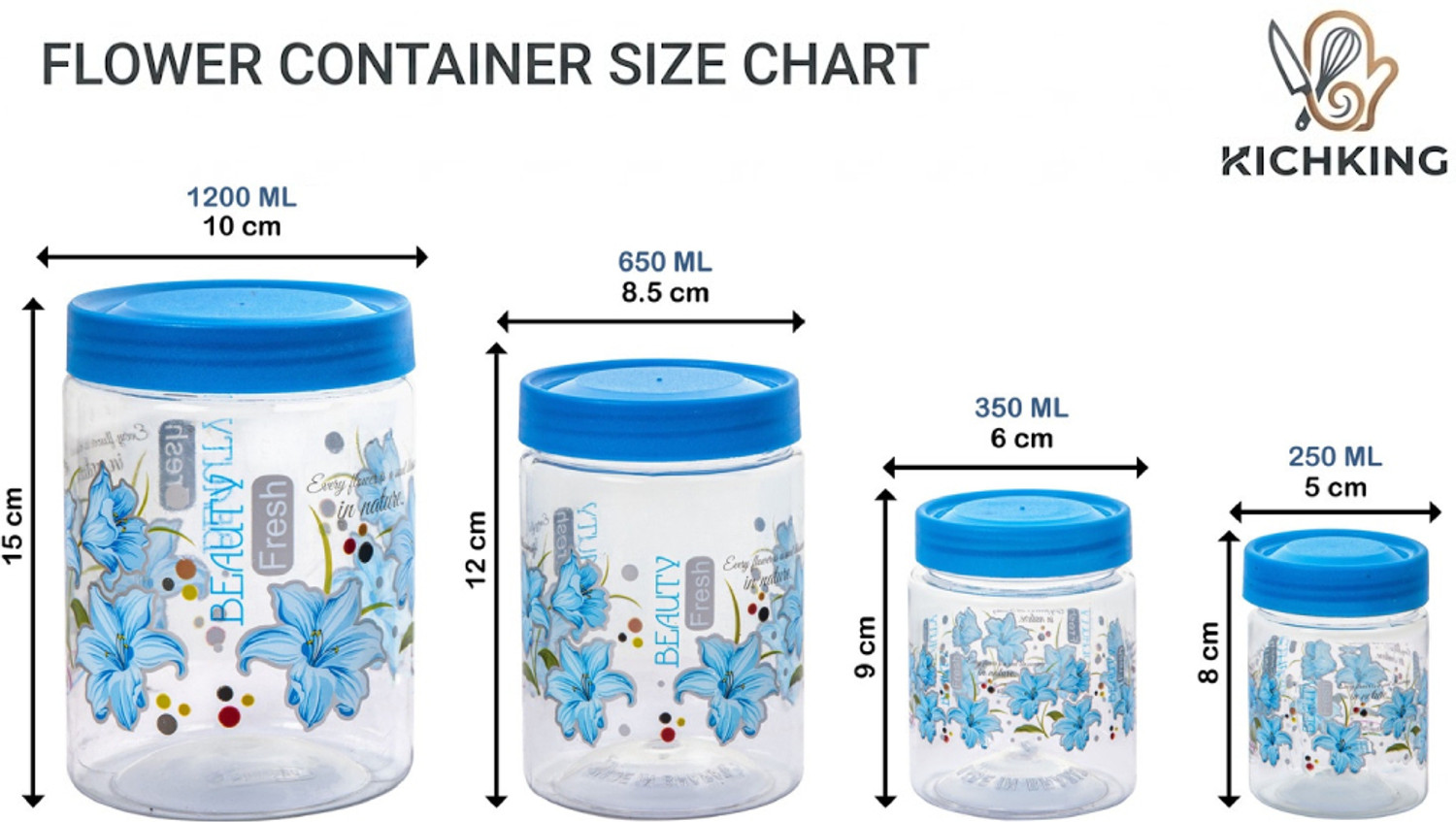 Image of KICHKING Plastic Grocery Container - 250 ml, 350 ml, 650 ml, 1200 ml (Pack of 16, Blue)