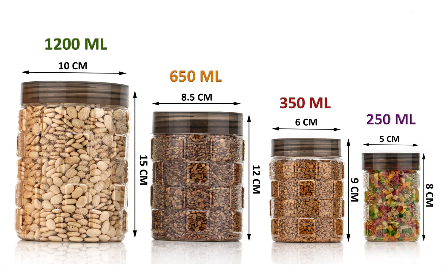Image of NORVIUM Plastic Grocery Container - 1200 ml, 650 ml, 350 ml, 250 ml (Pack of 16, Black)