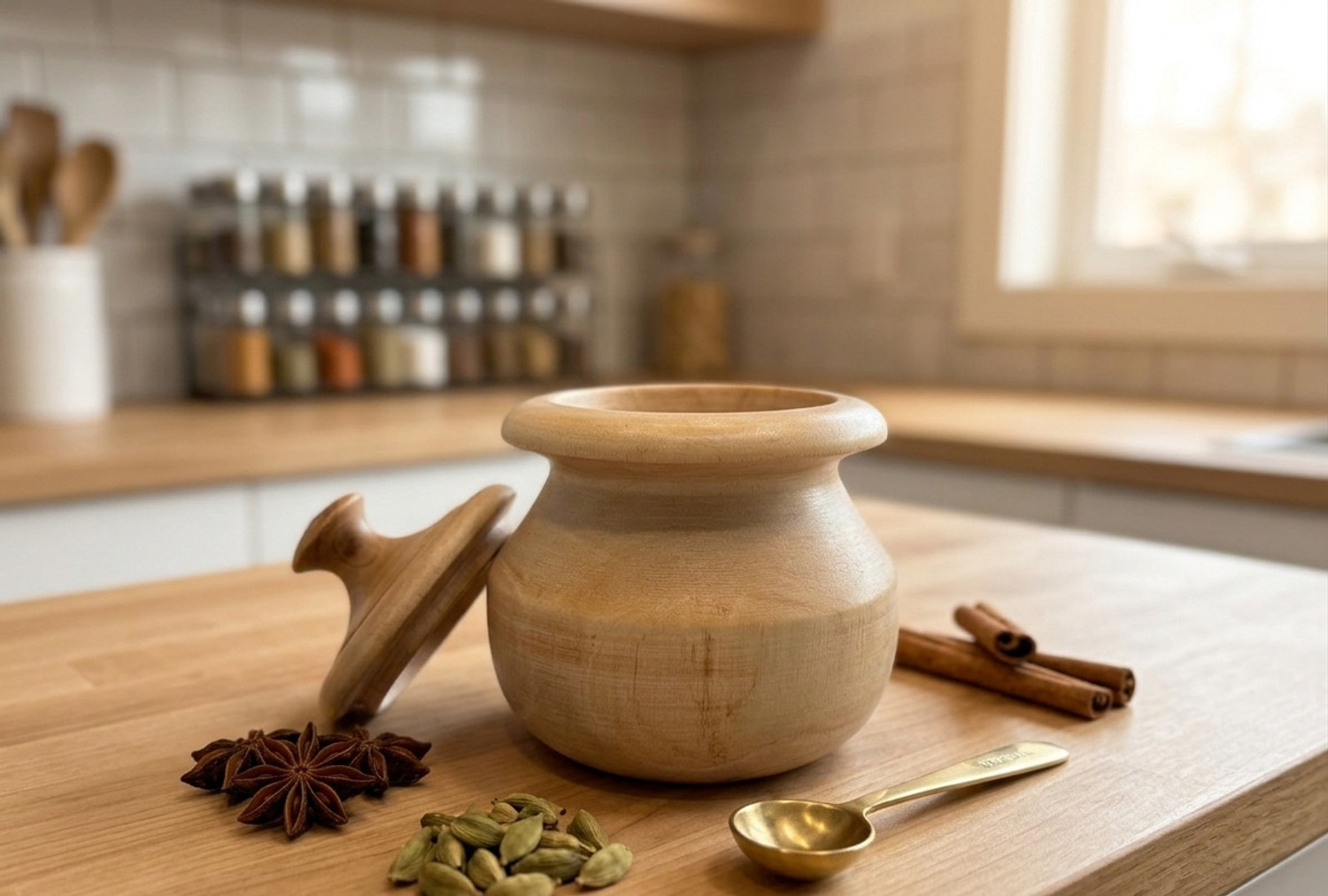 Image of Laxury Forest Wooden Hamal Dista & Storage Pot Combo Set | Handmade Kitchen Woodware Wood Masher