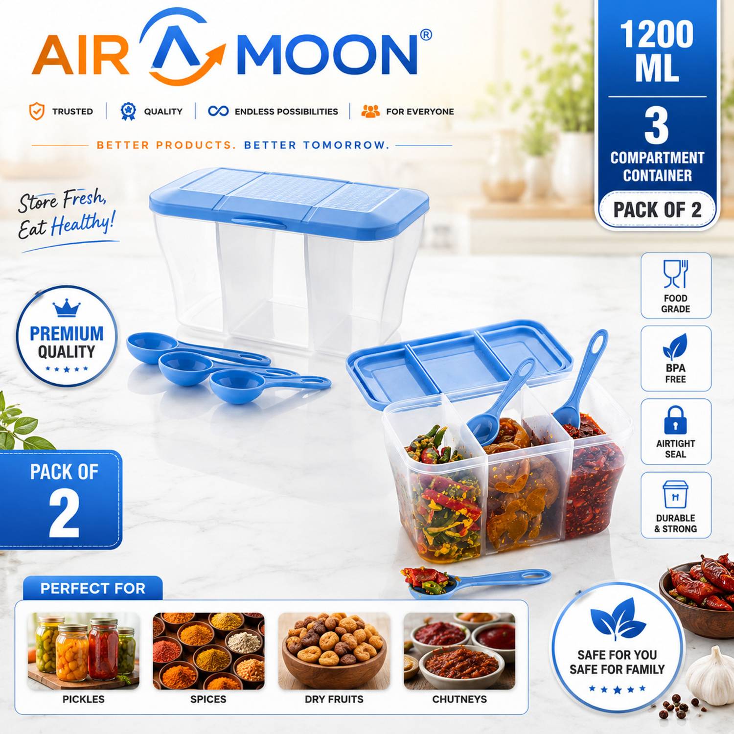 AIROMOON Plastic Grocery Container - 1100 ml