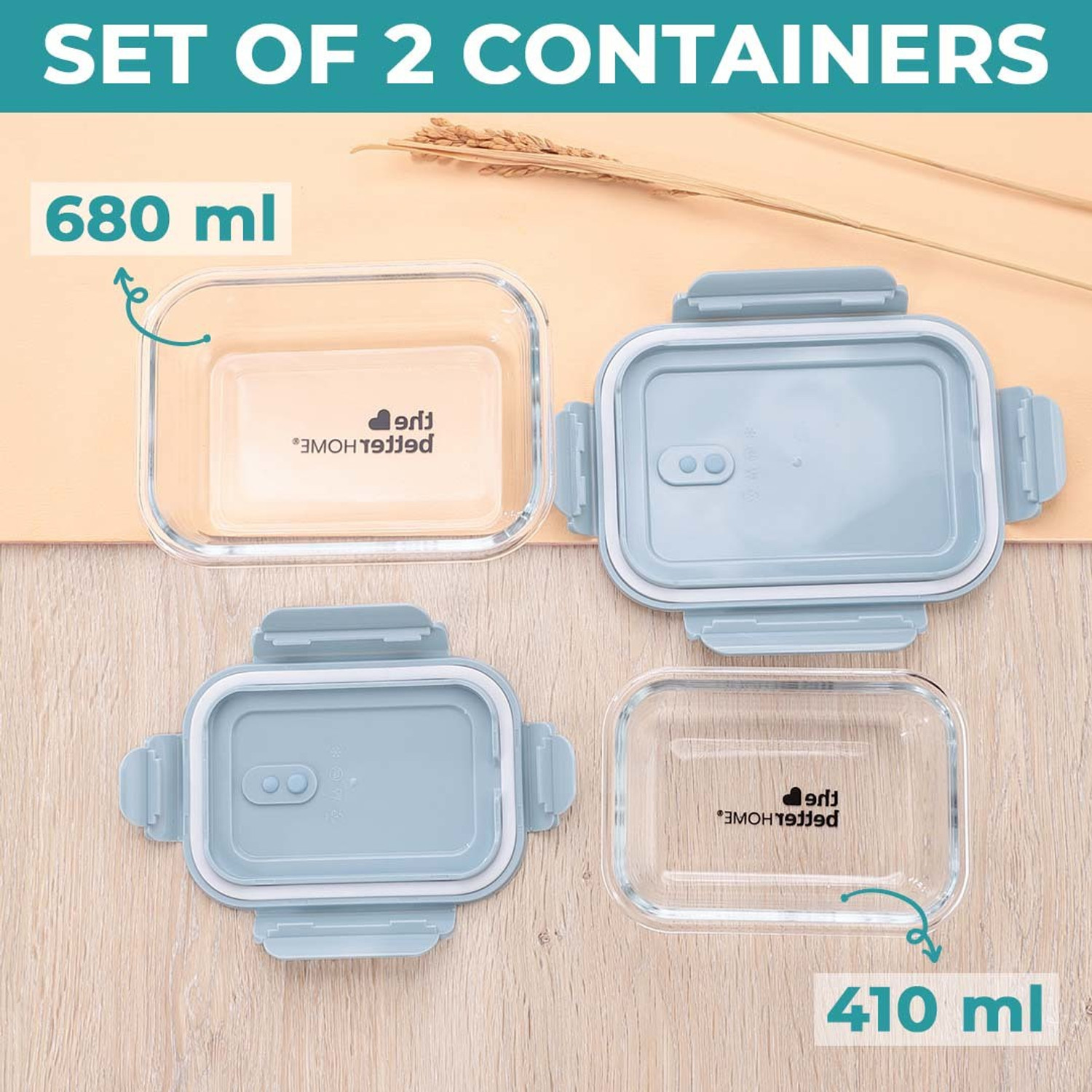 Image of The Better Home Glass Tiffin Box Pack of 2-Blue| 2 Containers Glass Office Lunch Box