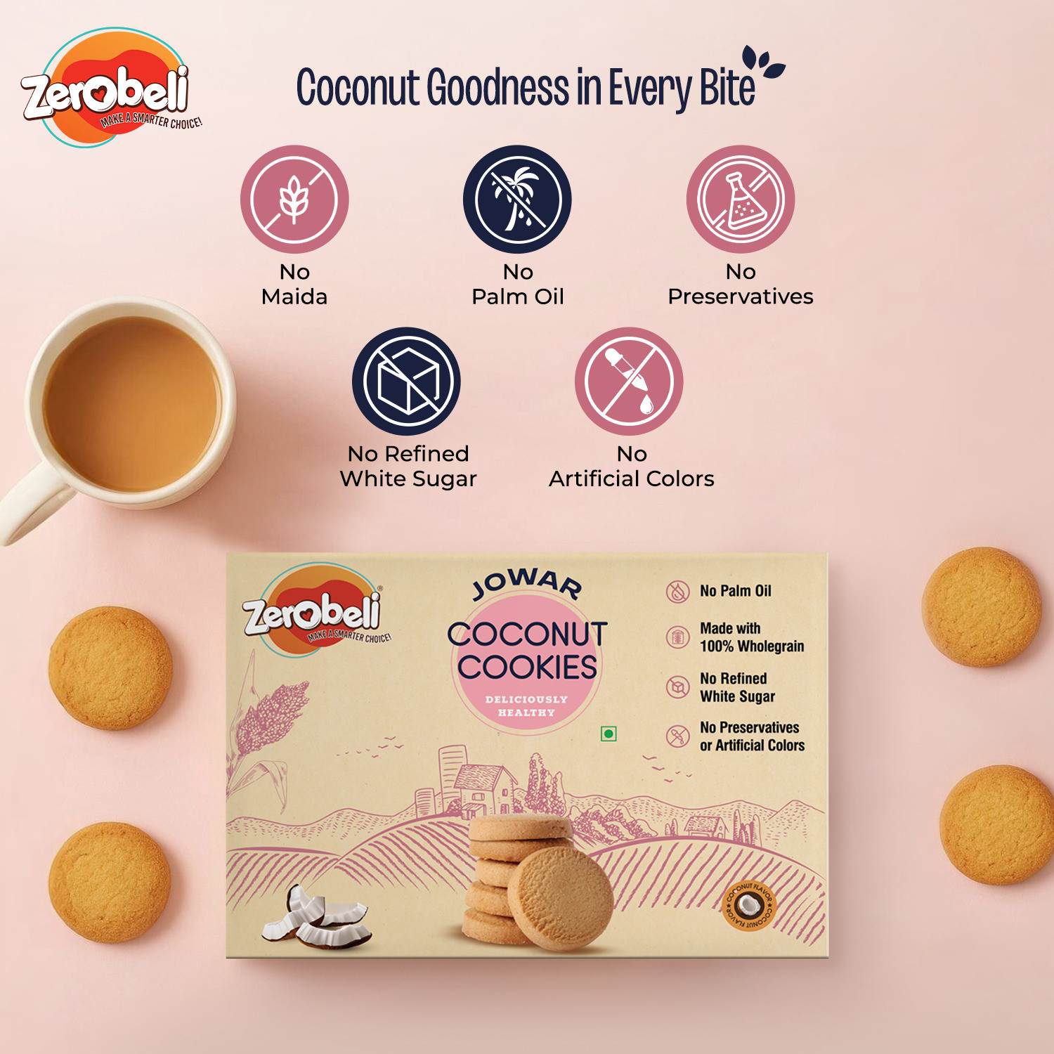 Image of Zerobeli Jowar Coconut Cookies | Delicious & Healthy, 0% Maida, Palm Oil & Preservatives| Bakery Biscuit