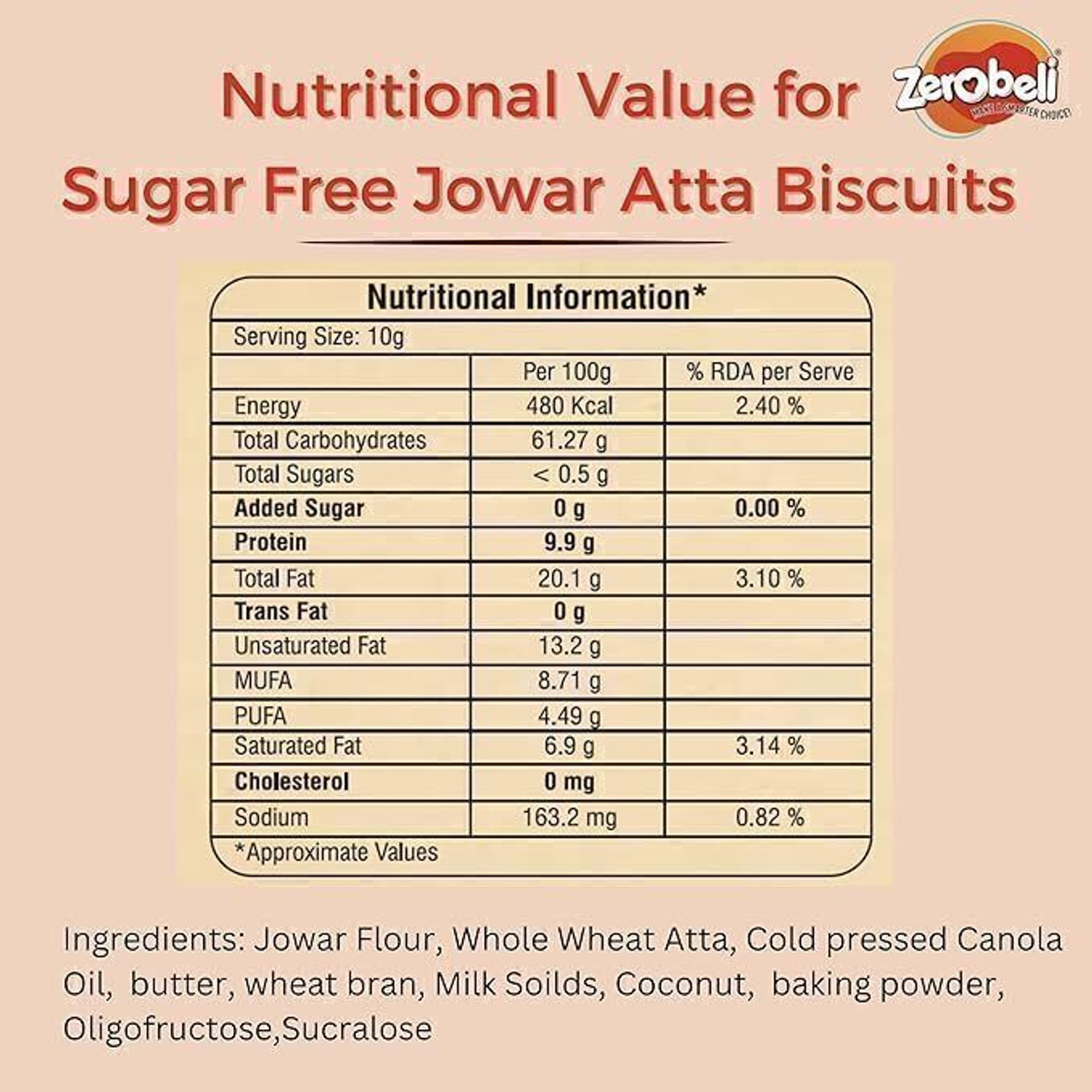 Image of Zerobeli Sugar Free Jowar Atta Cookies | No Maida and Palm Oil | Diabetic Friendly Bakery Biscuit