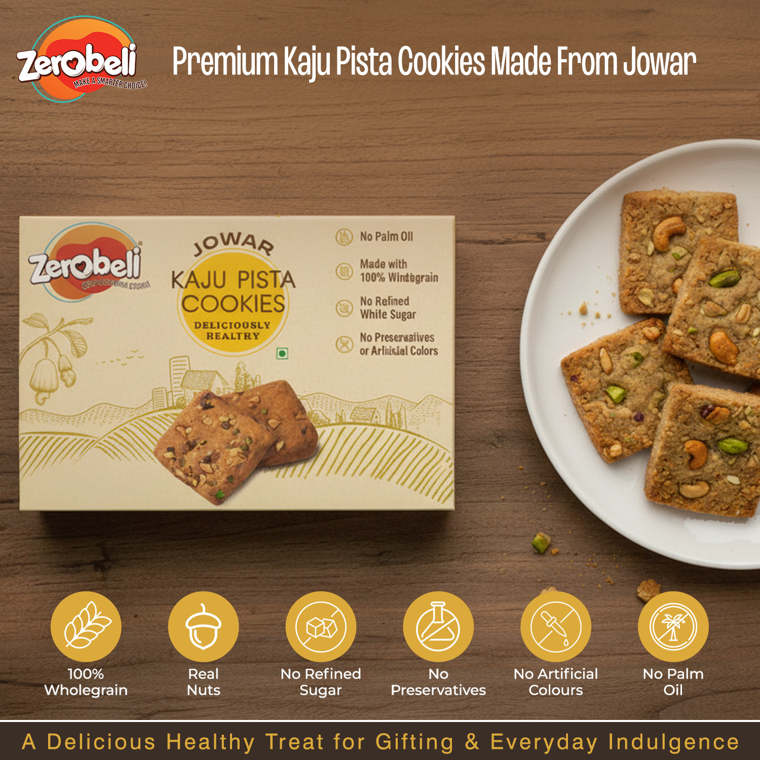 Image of Zerobeli Jowar Kaju Pista Handmade Cookies | Contains Real Cashews and Pista | No Maida | Bakery Biscuit