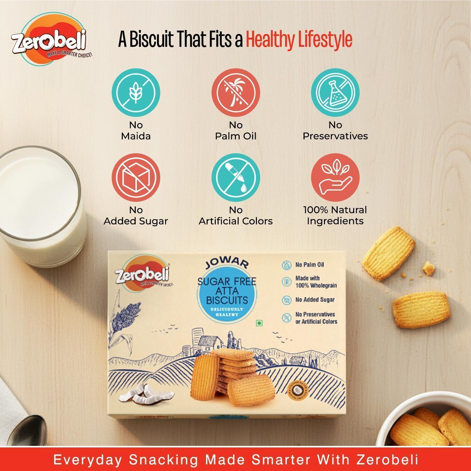 Image of Zerobeli Sugar Free Jowar Atta Cookies | No Maida and Palm Oil | Diabetic Friendly Bakery Biscuit