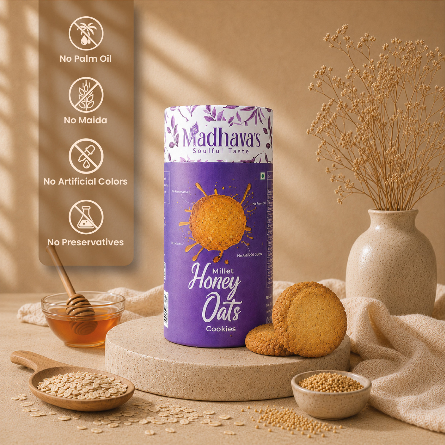 Image of Madhava's Bakery Madhava's Zero Maida Millet Honey Oats Cookies (No Palm Oil & Preservatives) Bakery Biscuit