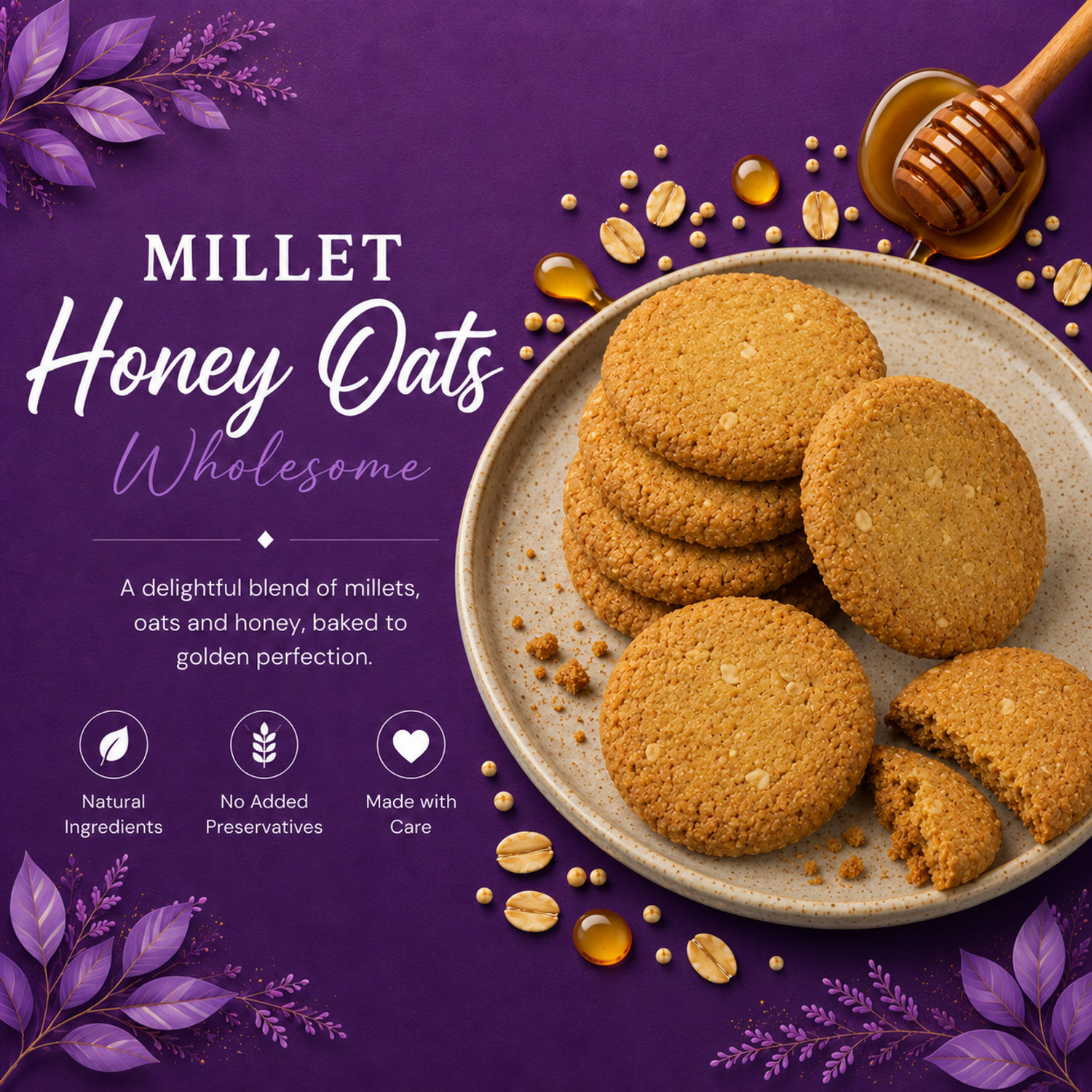 Image of Madhava's Bakery Madhava's Zero Maida Millet Honey Oats Cookies (No Palm Oil & Preservatives) Bakery Biscuit