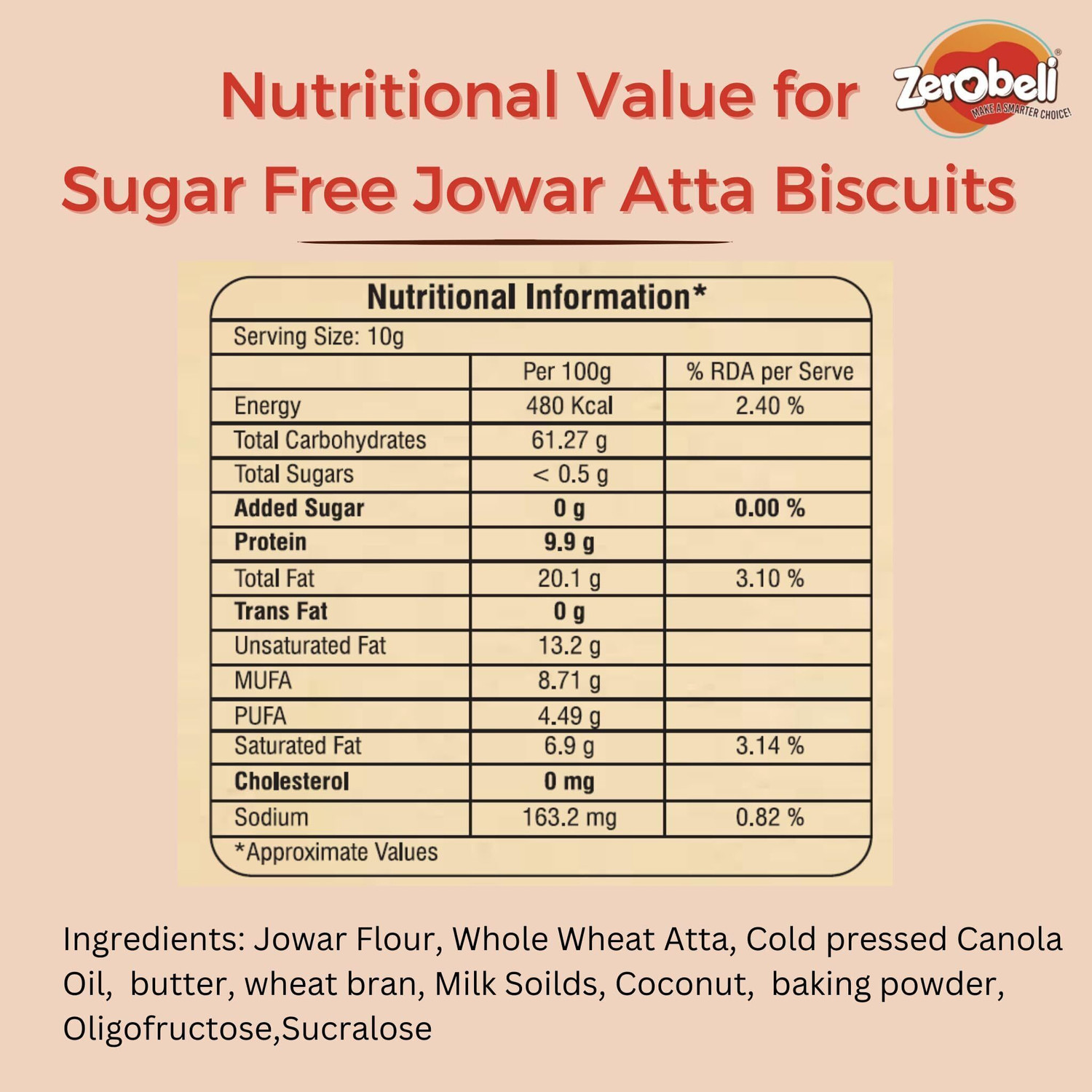 Image of Zerobeli Sugar Free Jowar Atta Cookies | No Maida and Palm Oil | Diabetic Friendly Bakery Biscuit