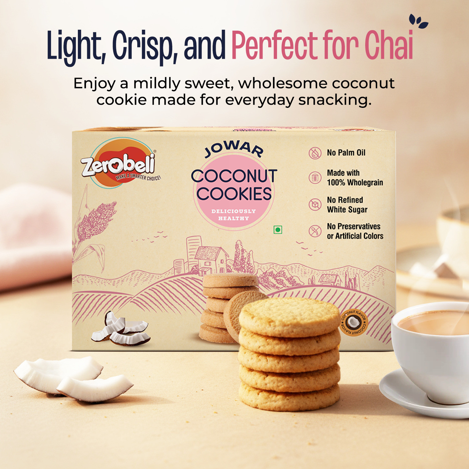 Image of Zerobeli Jowar Coconut Cookies | Delicious & Healthy, 0% Maida, Palm Oil & Preservatives| Bakery Biscuit